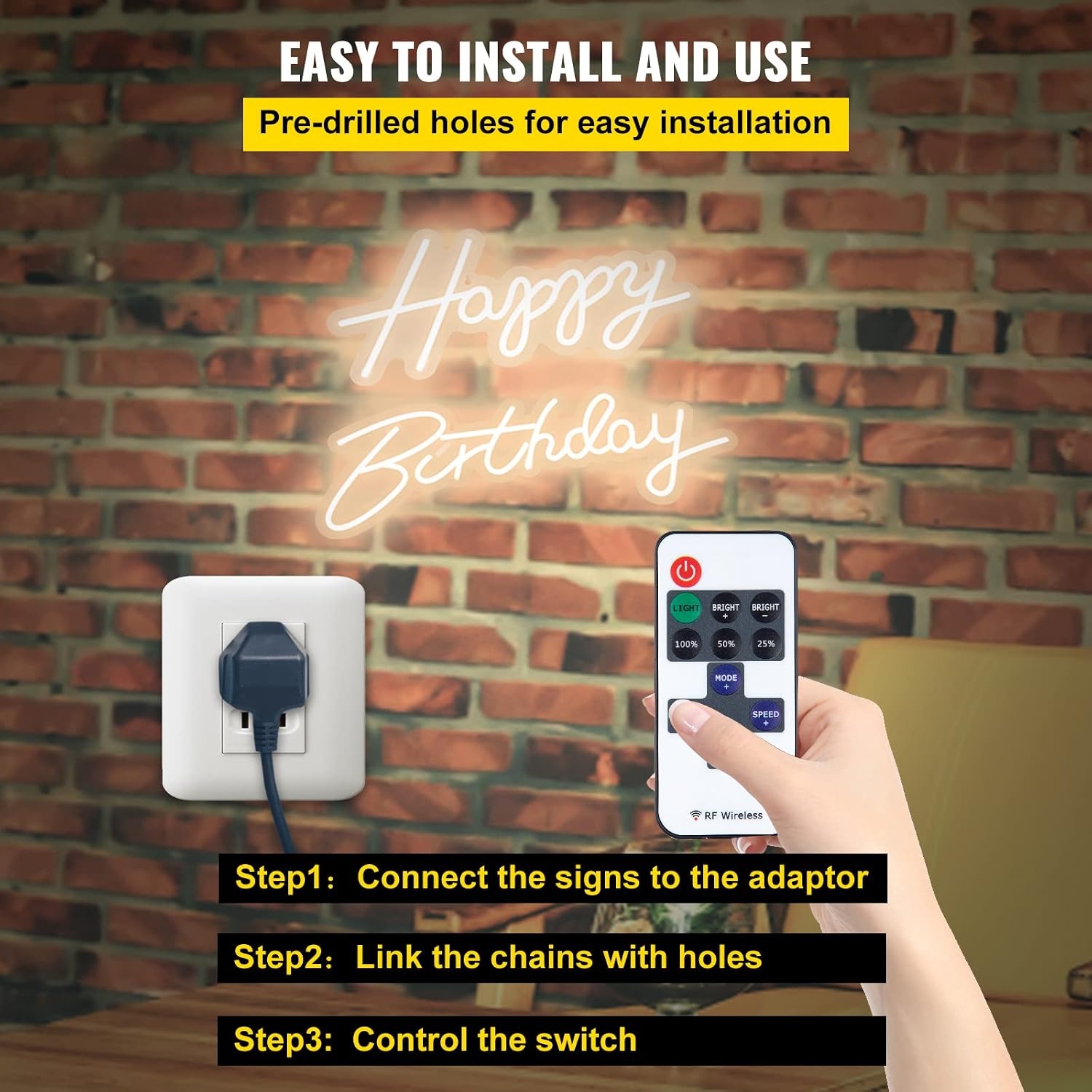 image:imageVEVOR Happy Birthday Neon Sign 18 x 8 26 x 75 Warm White LED Neon Lights Signs Adjustable Brightness with Remote Control Party Club Celebration DecorationWarm White