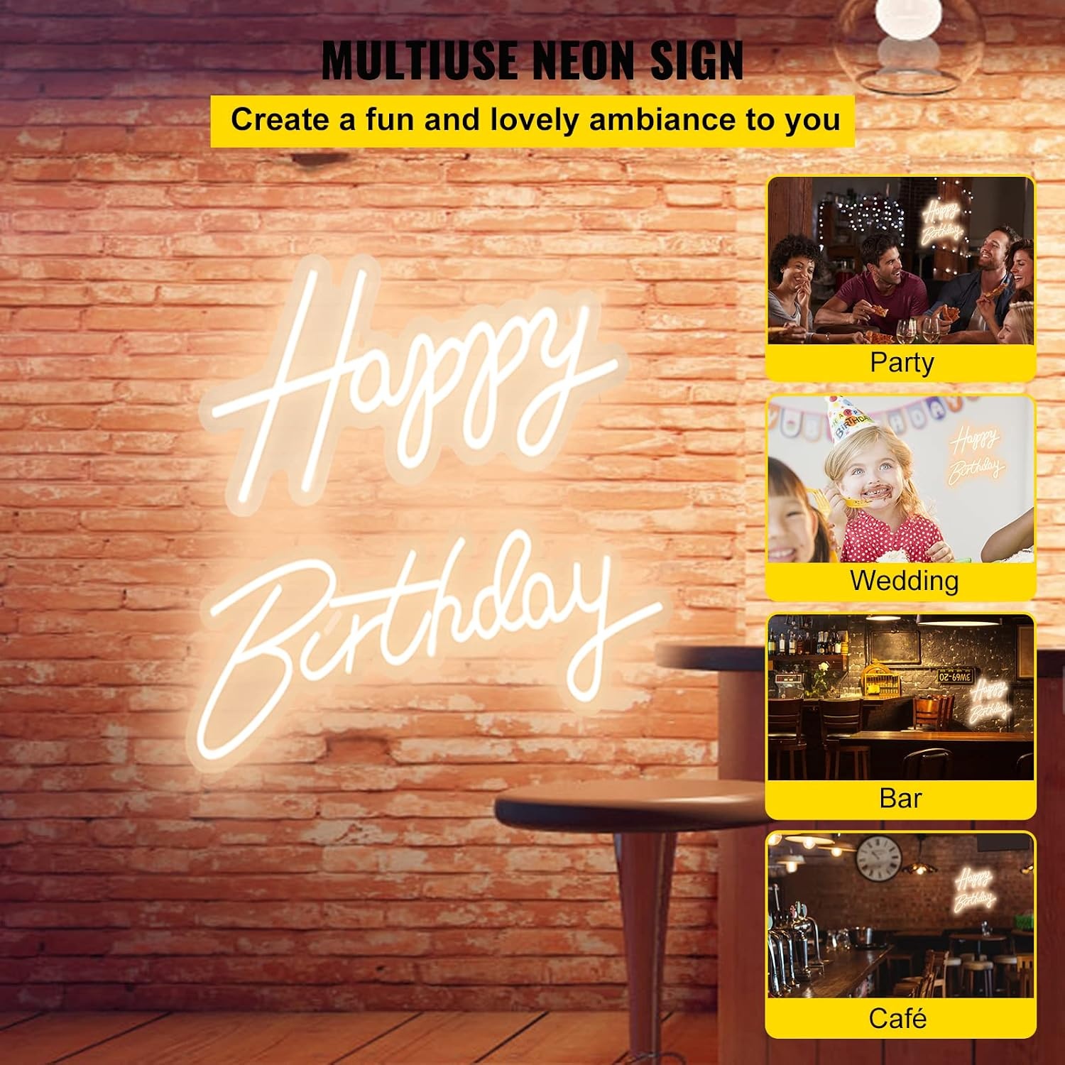 image:imageVEVOR Happy Birthday Neon Sign 18 x 8 26 x 75 Warm White LED Neon Lights Signs Adjustable Brightness with Remote Control Party Club Celebration DecorationWarm White