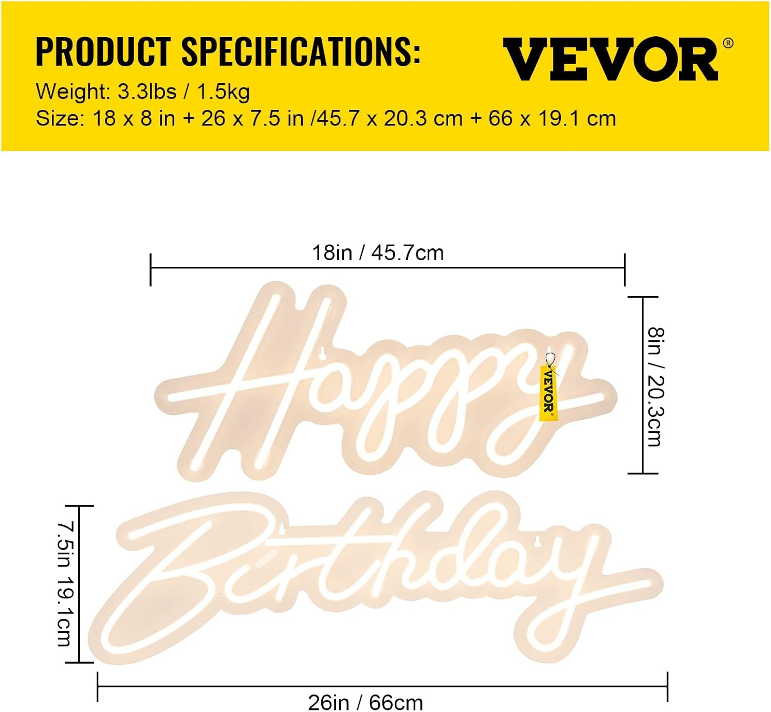 image:imageVEVOR Happy Birthday Neon Sign 18 x 8 26 x 75 Warm White LED Neon Lights Signs Adjustable Brightness with Remote Control Party Club Celebration DecorationWarm White