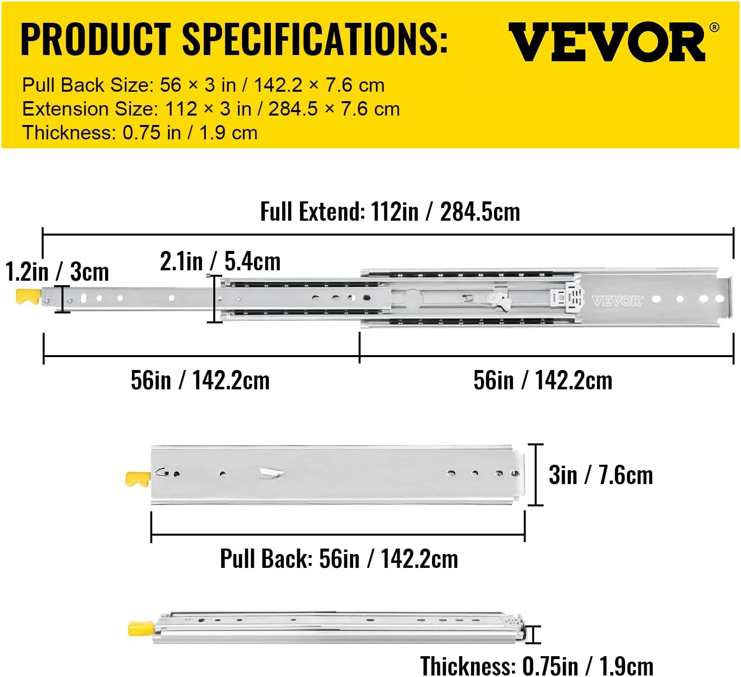 image:imageVEVOR Heavy Duty Drawer Slides 36 Inch 500 lb 1 Pair Full Extension Side Mount Ball Bearing Rails with Dual Lock for Industrial Cabinets Tool Chests and Workbenches56 inch