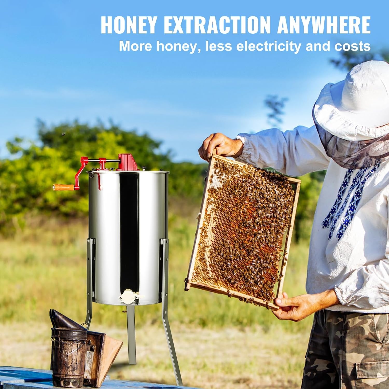 image:imageVEVOR Honey Extractor 24 Frame Stainless Steel Manual Beekeeping Extraction Honeycomb Drum Spinner with Transparent Lid Apiary Centrifuge Equipment with Height Adjustable Stand Silver4 Frame Rack2 Deep Frames