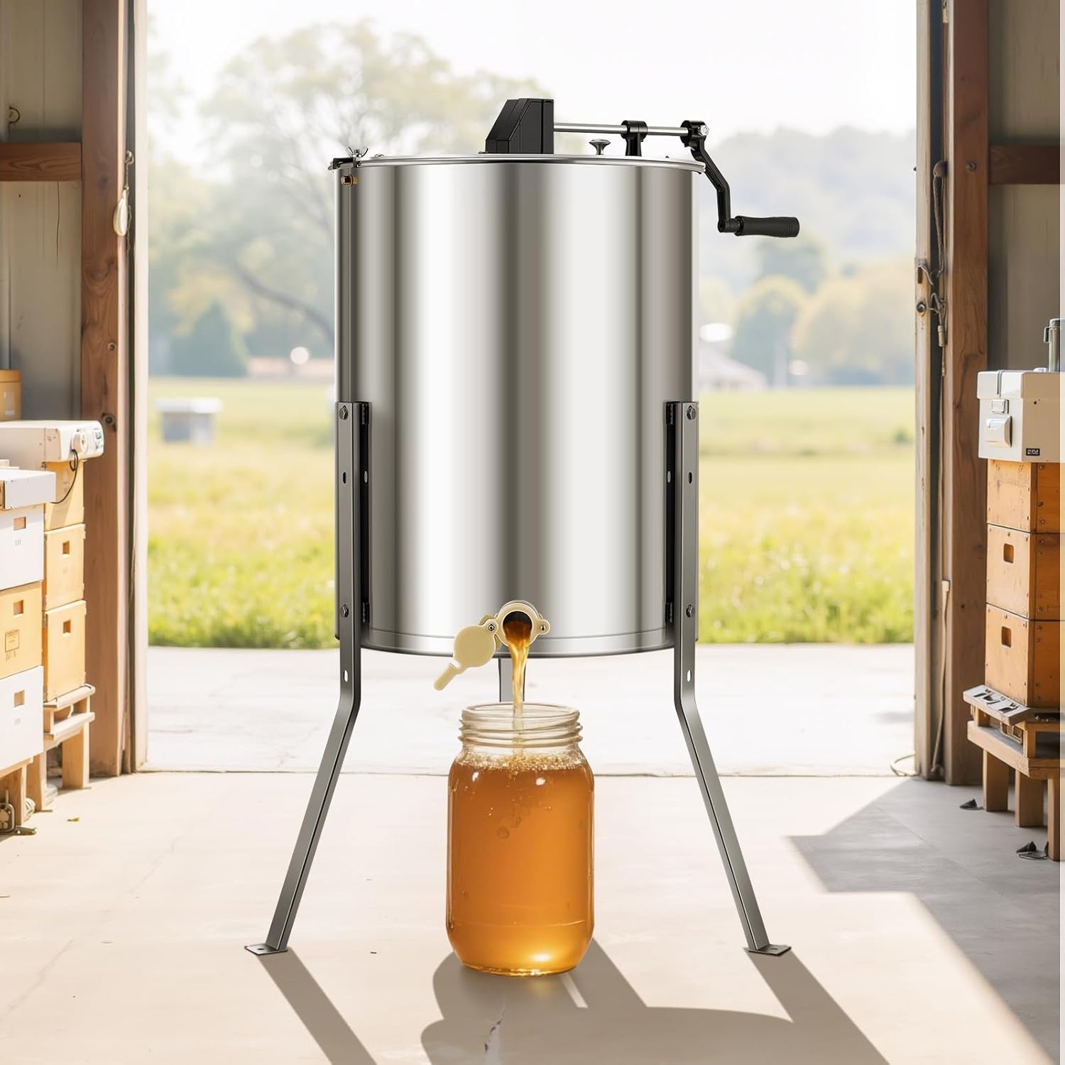 image:imageVEVOR Honey Extractor 24 Frame Stainless Steel Manual Beekeeping Extraction Honeycomb Drum Spinner with Transparent Lid Apiary Centrifuge Equipment with Height Adjustable Stand Silver8 Frame Rack4 Deep Frames