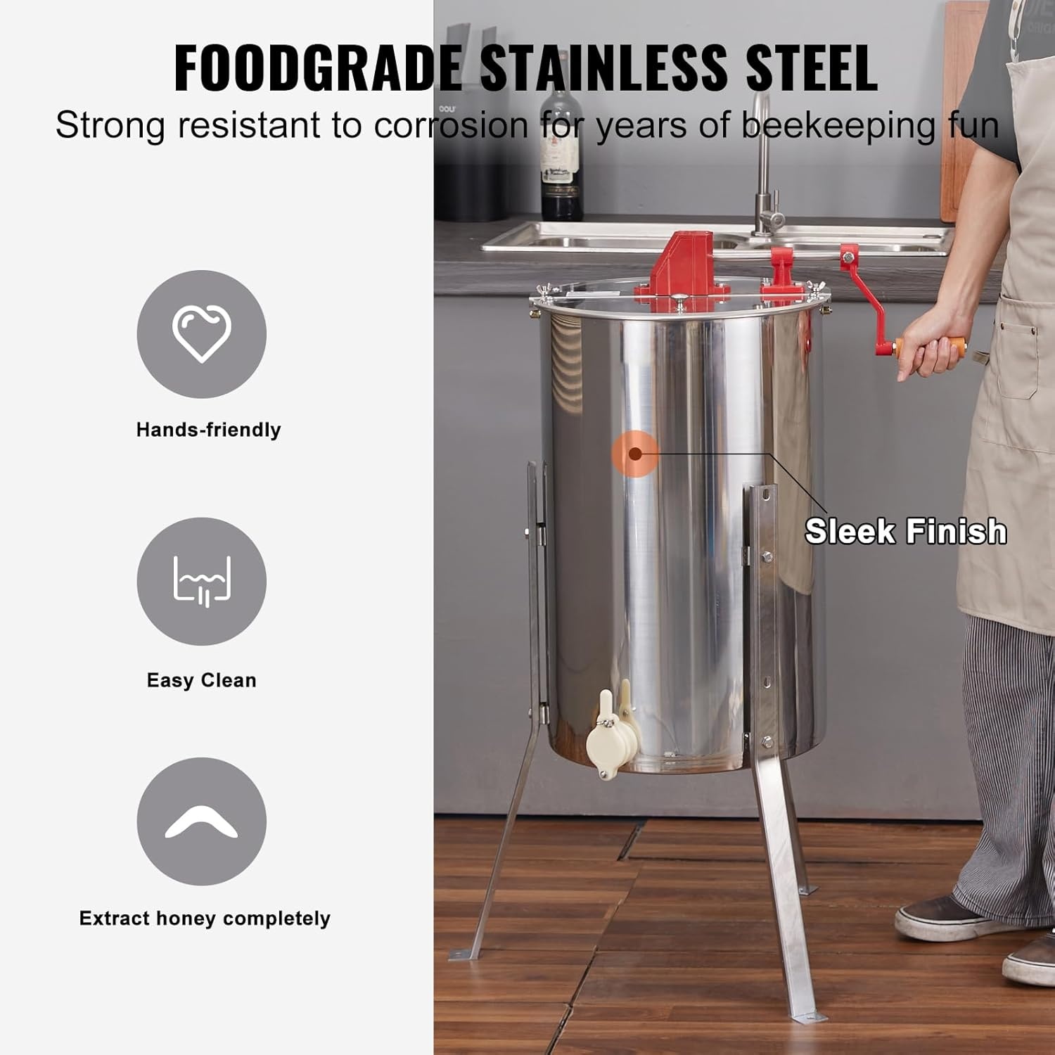 image:imageVEVOR Honey Extractor 24 Frame Stainless Steel Manual Beekeeping Extraction Honeycomb Drum Spinner with Transparent Lid Apiary Centrifuge Equipment with Height Adjustable Stand Silver4 Frame Rack2 Deep Frames