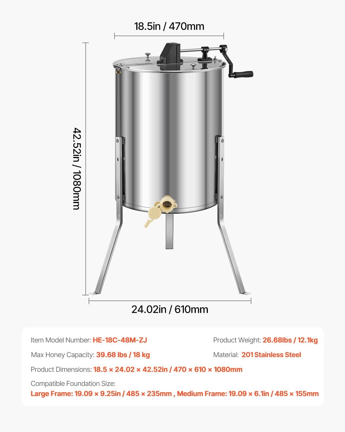 image:imageVEVOR Honey Extractor 24 Frame Stainless Steel Manual Beekeeping Extraction Honeycomb Drum Spinner with Transparent Lid Apiary Centrifuge Equipment with Height Adjustable Stand Silver8 Frame Rack4 Deep Frames
