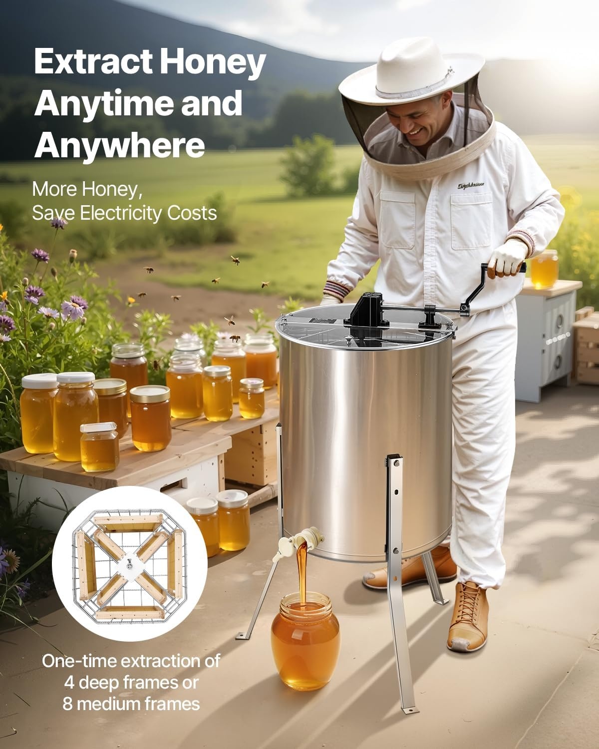 image:imageVEVOR Honey Extractor 24 Frame Stainless Steel Manual Beekeeping Extraction Honeycomb Drum Spinner with Transparent Lid Apiary Centrifuge Equipment with Height Adjustable Stand Silver8 Frame Rack4 Deep Frames