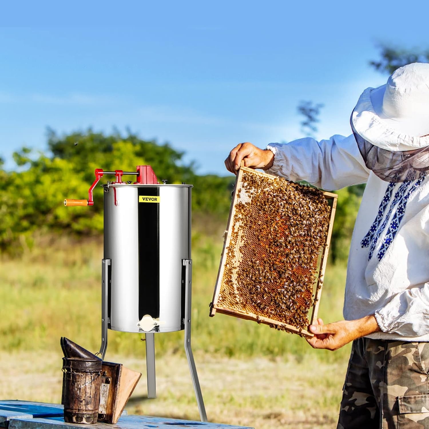 image:imageVEVOR Honey Extractor 24 Frame Stainless Steel Manual Beekeeping Extraction Honeycomb Drum Spinner with Transparent Lid Apiary Centrifuge Equipment with Height Adjustable Stand Silver4 Frame Rack2 Deep Frames