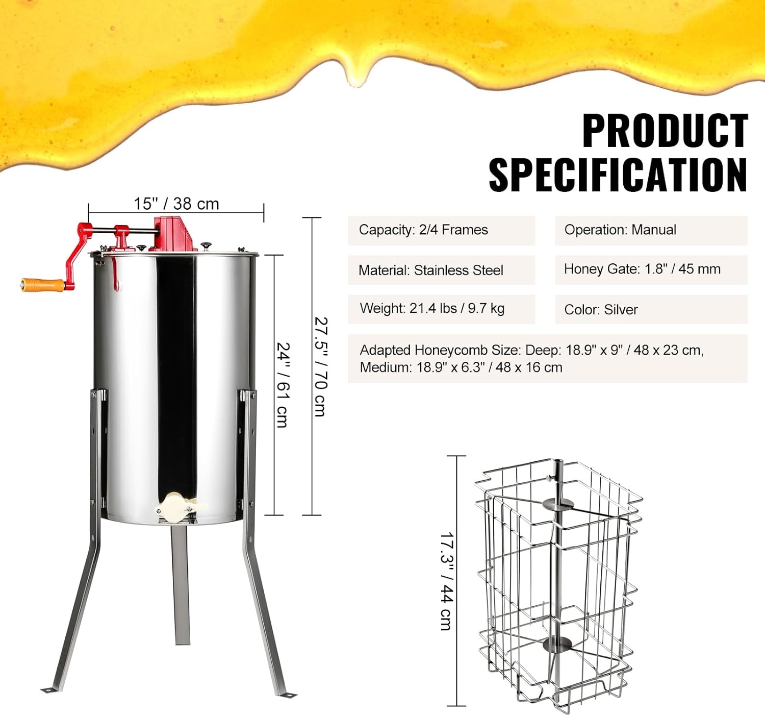 image:imageVEVOR Honey Extractor 24 Frame Stainless Steel Manual Beekeeping Extraction Honeycomb Drum Spinner with Transparent Lid Apiary Centrifuge Equipment with Height Adjustable Stand Silver4 Frame Rack2 Deep Frames
