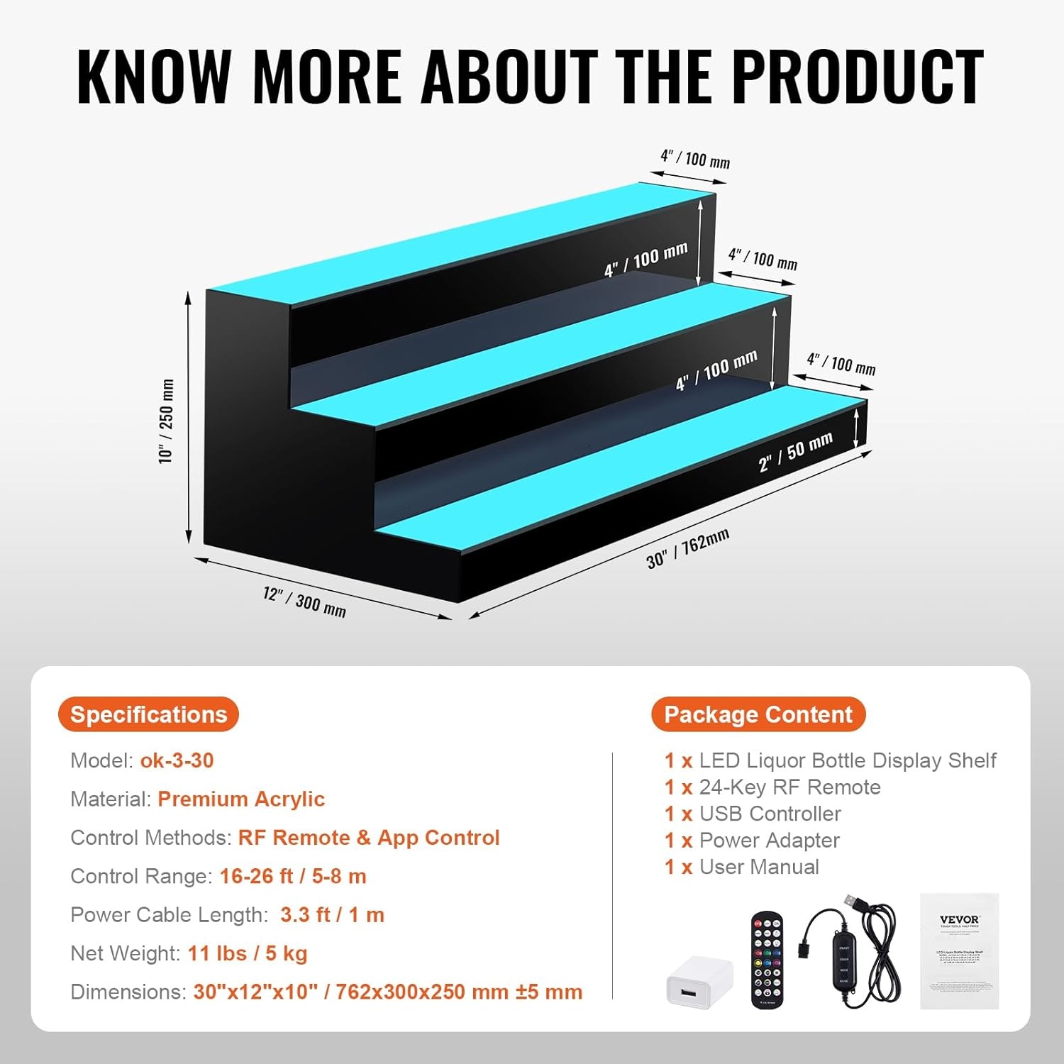 image:imageVEVOR LED Lighted Liquor Bottle Display 3 Tiers 30 Inches Supports USB Illuminated Home Bar Shelf with RF Remote amp App Control 7 Static Colors 14 H Timing Acrylic Lighted Shelf for 24 Bottles3 Tiers 30 Inches