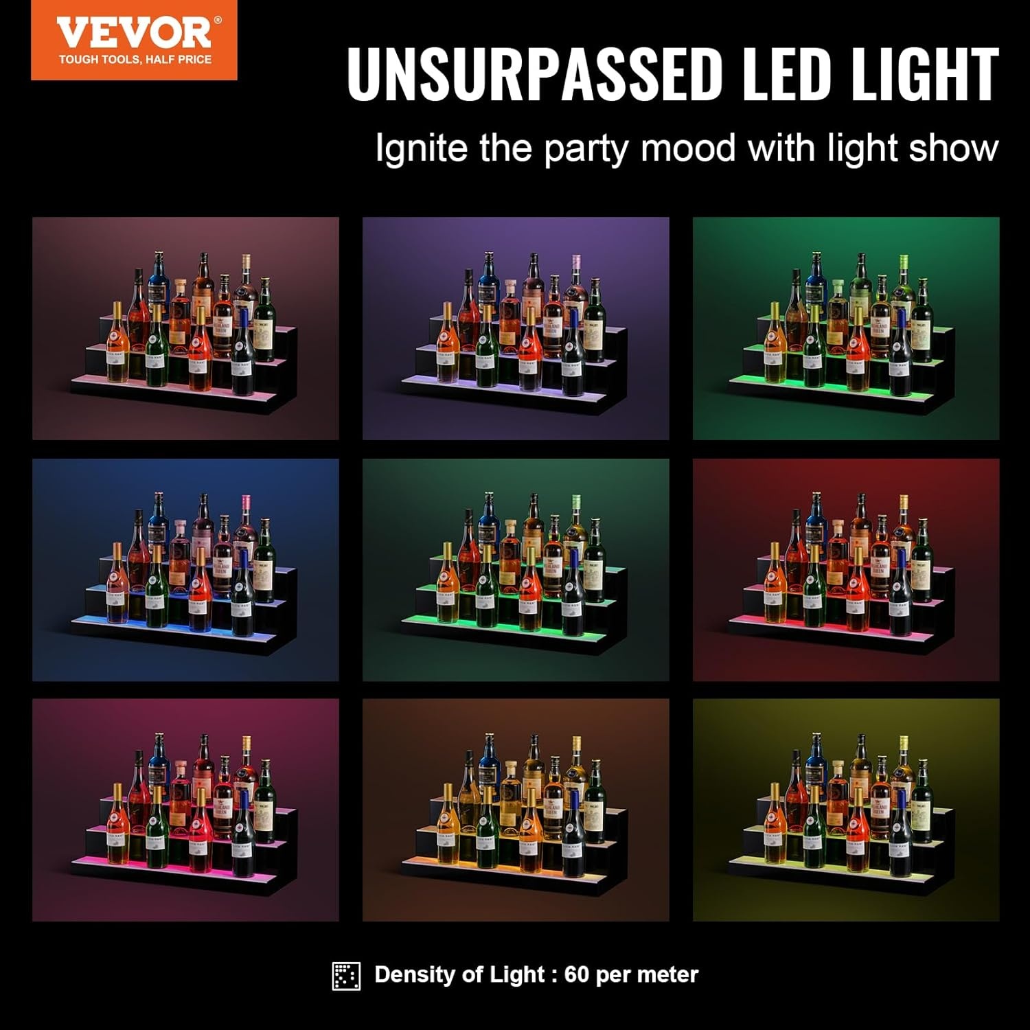 image:imageVEVOR LED Lighted Liquor Bottle Display 3 Tiers 30 Inches Supports USB Illuminated Home Bar Shelf with RF Remote amp App Control 7 Static Colors 14 H Timing Acrylic Lighted Shelf for 24 Bottles3 Tiers 30 Inches