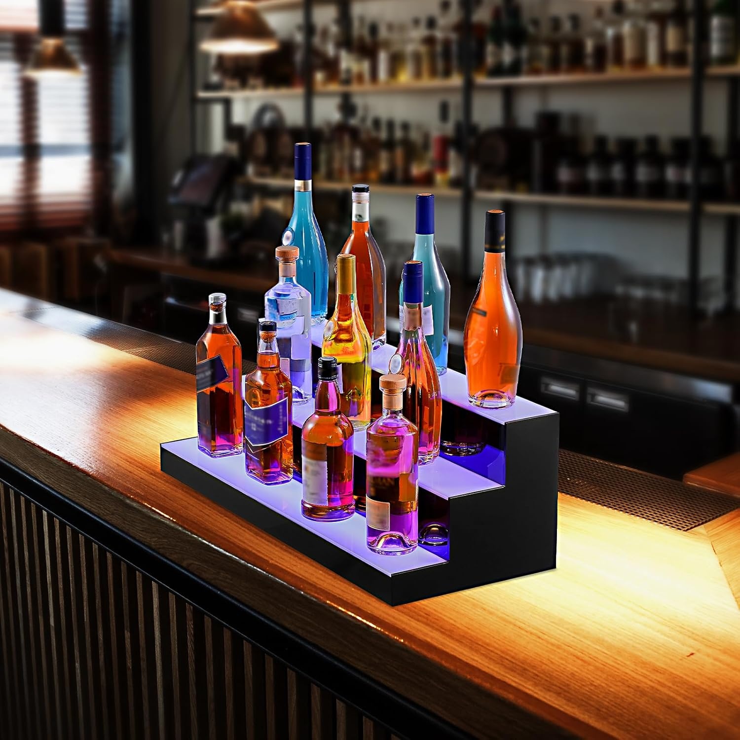 image:imageVEVOR LED Lighted Liquor Bottle Display 3 Tiers 30 Inches Supports USB Illuminated Home Bar Shelf with RF Remote amp App Control 7 Static Colors 14 H Timing Acrylic Lighted Shelf for 24 Bottles3 Tiers 30 Inches