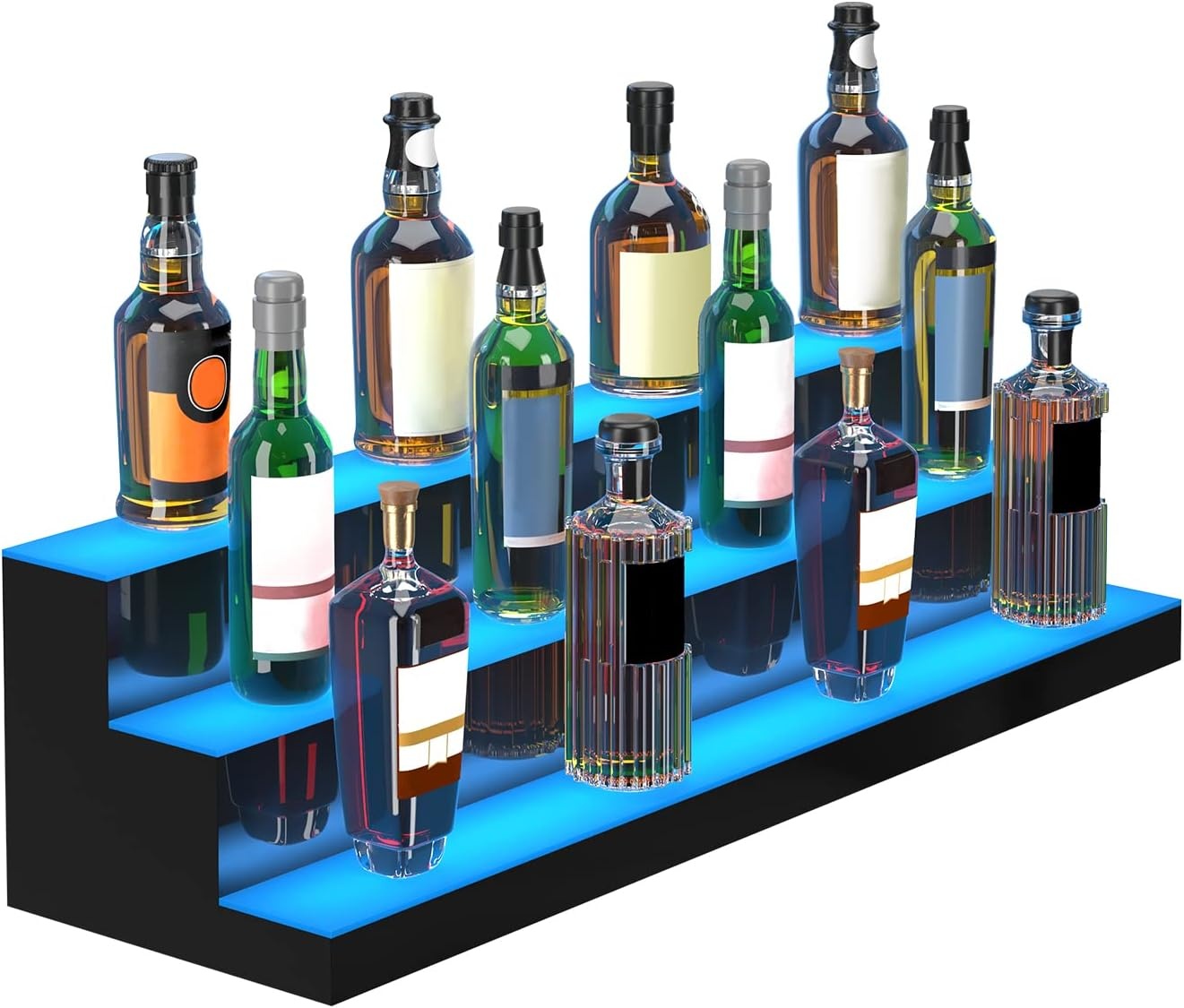 image:imageVEVOR LED Lighted Liquor Bottle Display 3 Tiers 30 Inches Supports USB Illuminated Home Bar Shelf with RF Remote amp App Control 7 Static Colors 14 H Timing Acrylic Lighted Shelf for 24 Bottles3 Tiers 40 Inches