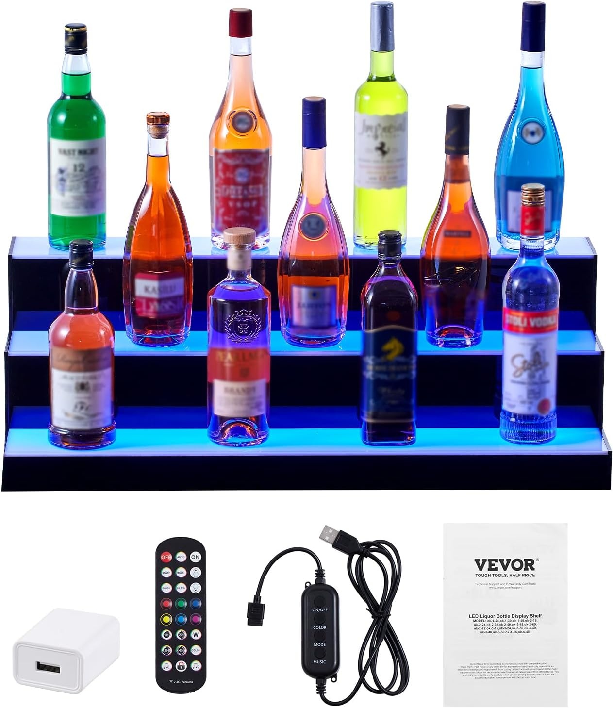 image:imageVEVOR LED Lighted Liquor Bottle Display 3 Tiers 30 Inches Supports USB Illuminated Home Bar Shelf with RF Remote amp App Control 7 Static Colors 14 H Timing Acrylic Lighted Shelf for 24 Bottles3 Tiers 30 Inches