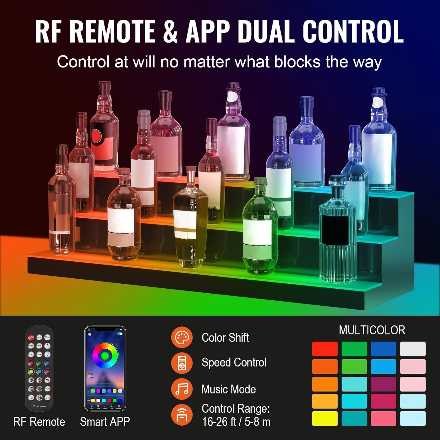image:imageVEVOR LED Lighted Liquor Bottle Display 3 Tiers 30 Inches Supports USB Illuminated Home Bar Shelf with RF Remote amp App Control 7 Static Colors 14 H Timing Acrylic Lighted Shelf for 24 Bottles3 Tiers 40 Inches