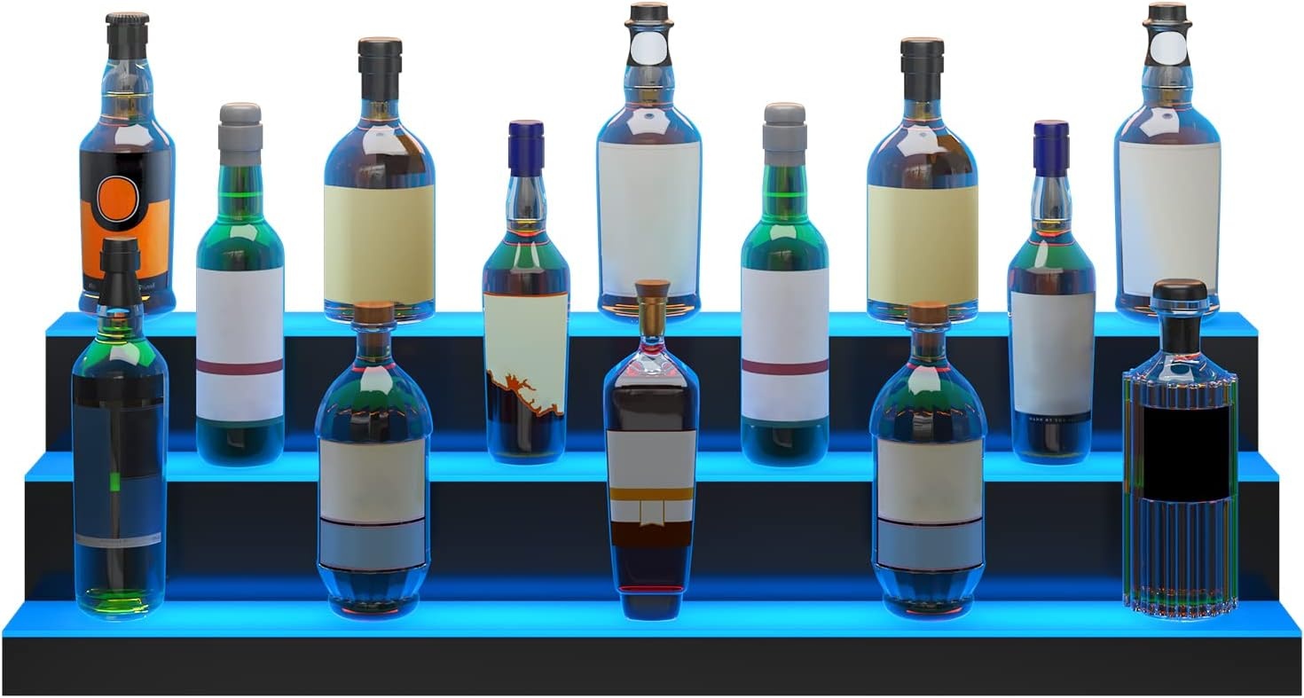 image:imageVEVOR LED Lighted Liquor Bottle Display 3 Tiers 30 Inches Supports USB Illuminated Home Bar Shelf with RF Remote amp App Control 7 Static Colors 14 H Timing Acrylic Lighted Shelf for 24 Bottles3 Tiers 40 Inches