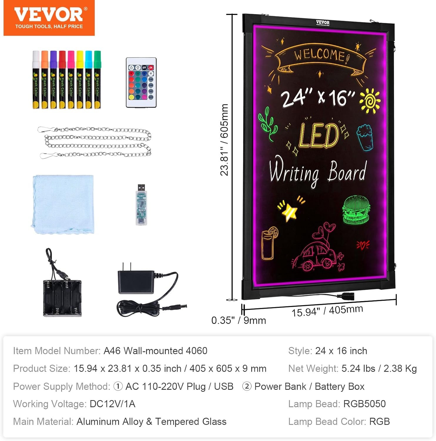 image:imageVEVOR LED Message Writing Board 16x12 Illuminated Erasable Lighted Chalkboard Neon Effect Menu Sign Board Drawing Board with 8 Fluorescent Chalk Markers and Remote Control for Home Wedding Shop16W x 24H