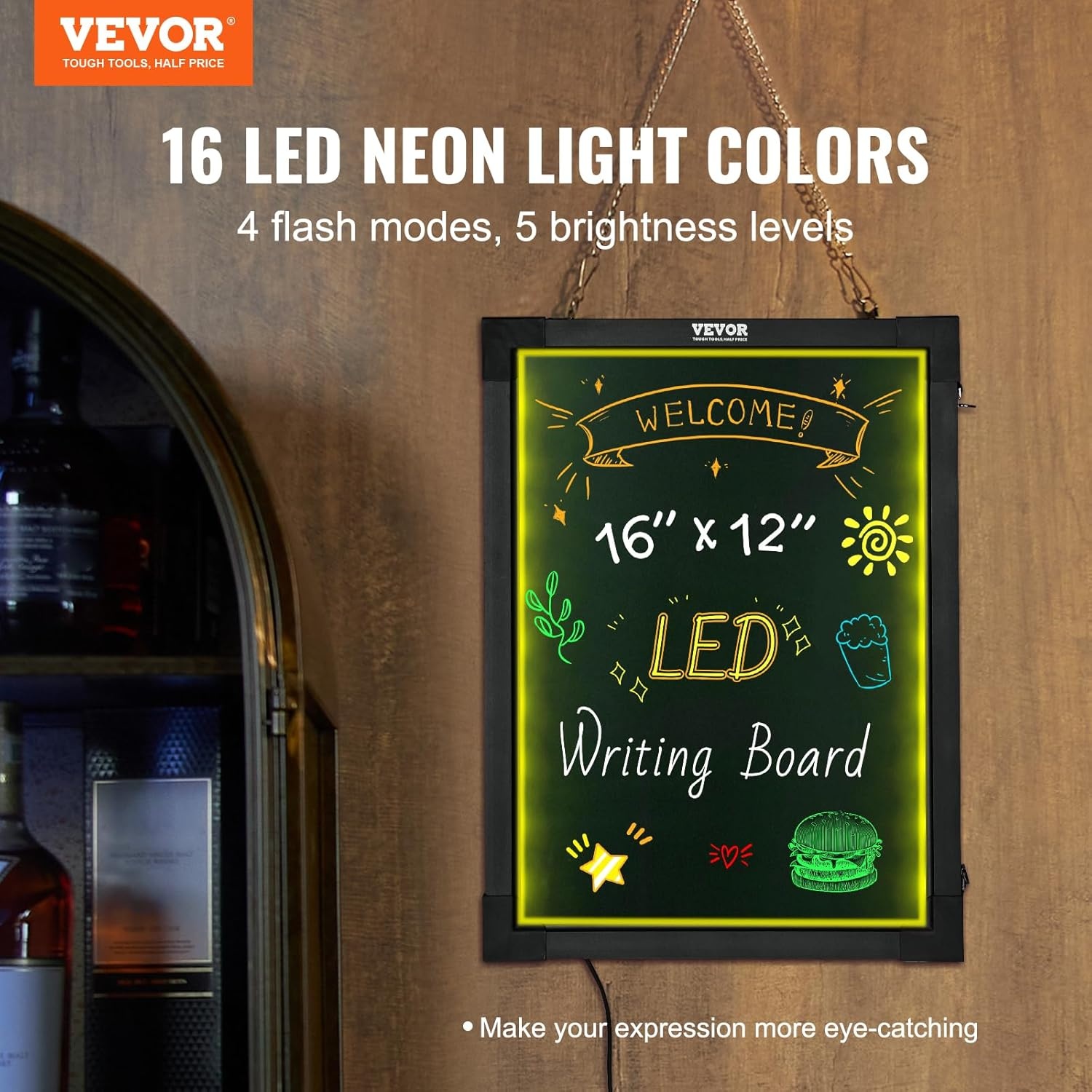 image:imageVEVOR LED Message Writing Board 16x12 Illuminated Erasable Lighted Chalkboard Neon Effect Menu Sign Board Drawing Board with 8 Fluorescent Chalk Markers and Remote Control for Home Wedding Shop12W x 159H