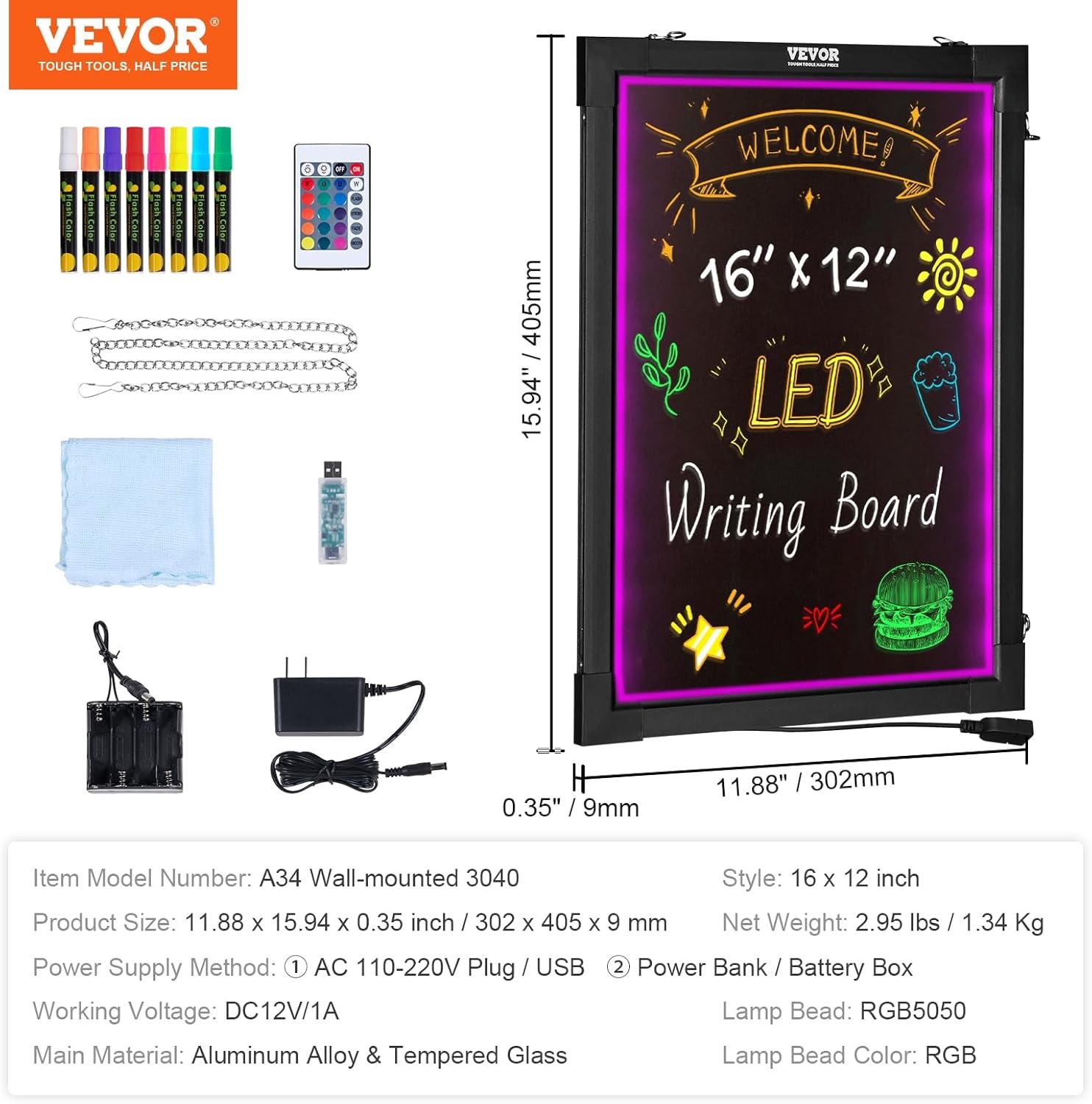 image:imageVEVOR LED Message Writing Board 16x12 Illuminated Erasable Lighted Chalkboard Neon Effect Menu Sign Board Drawing Board with 8 Fluorescent Chalk Markers and Remote Control for Home Wedding Shop12W x 159H