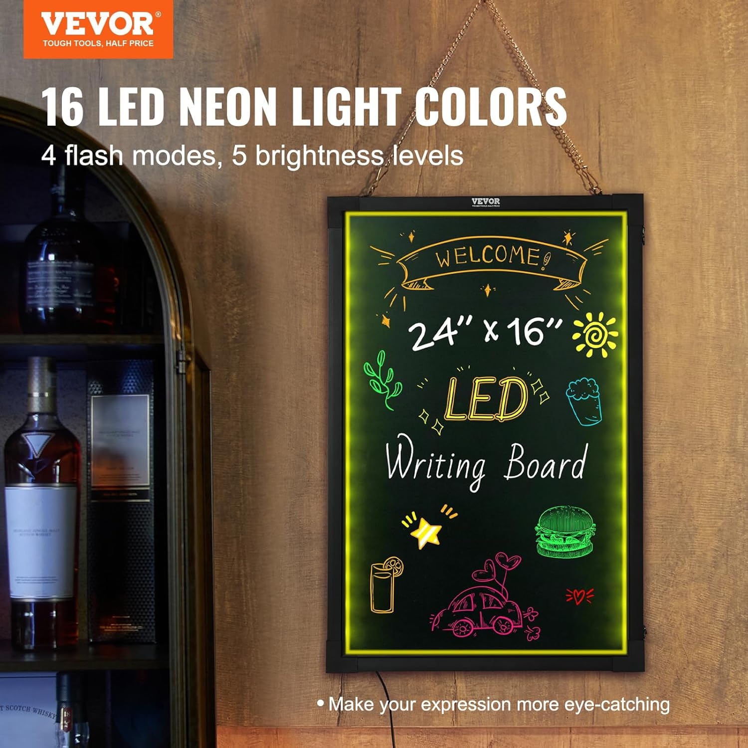 image:imageVEVOR LED Message Writing Board 16x12 Illuminated Erasable Lighted Chalkboard Neon Effect Menu Sign Board Drawing Board with 8 Fluorescent Chalk Markers and Remote Control for Home Wedding Shop16W x 24H