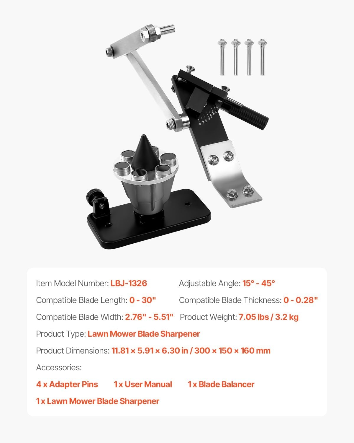 image:imageVEVOR Lawn Mower Blade Sharpener 15 45 Adjustable Lawnmower Blade Sharpening Tool with 4 Adapter Pins Ball Bearing Design amp 25mm Enlarged Handle Compatible with Most Angle GrindersWith balancer