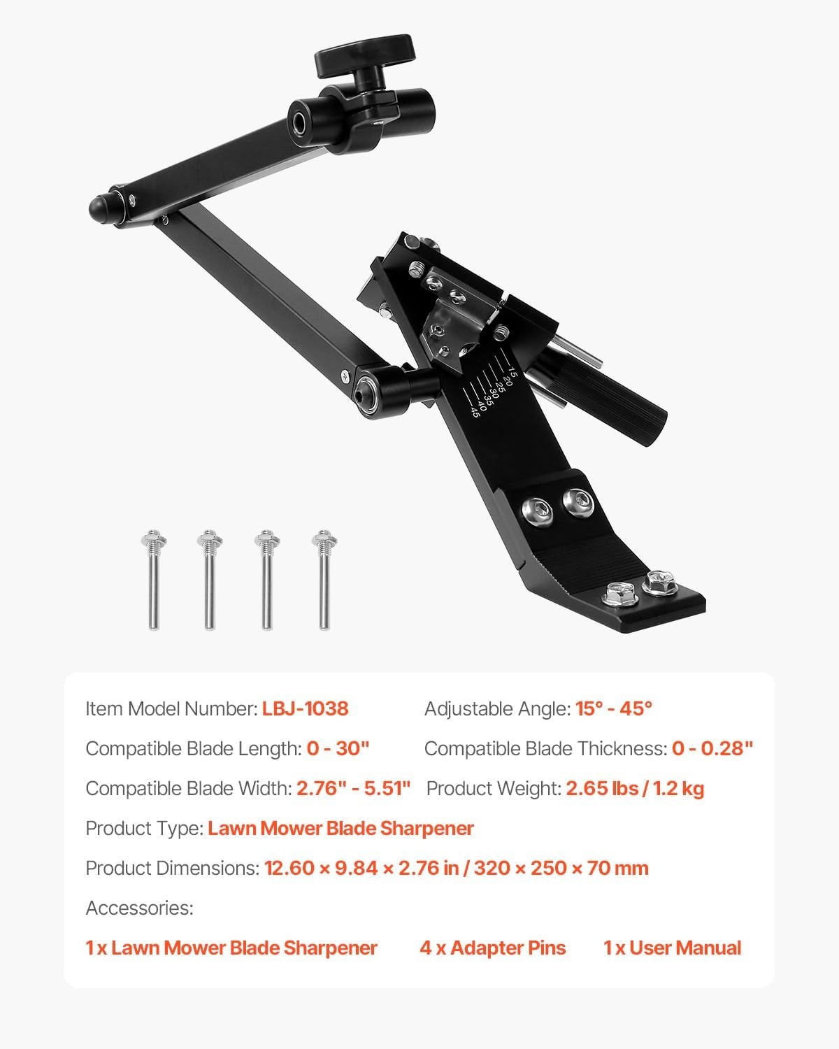 image:imageVEVOR Lawn Mower Blade Sharpener 15 45 Adjustable Lawnmower Blade Sharpening Tool with 4 Adapter Pins Ball Bearing Design amp 25mm Enlarged Handle Compatible with Most Angle GrindersNo balancer