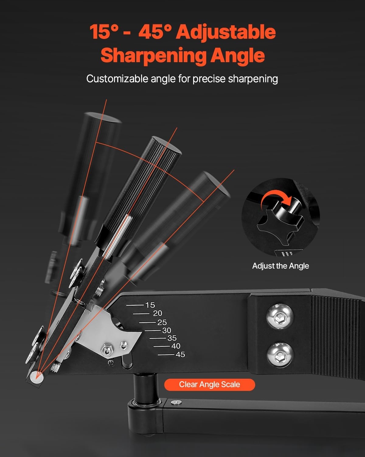 image:imageVEVOR Lawn Mower Blade Sharpener 15 45 Adjustable Lawnmower Blade Sharpening Tool with 4 Adapter Pins Ball Bearing Design amp 25mm Enlarged Handle Compatible with Most Angle GrindersNo balancer