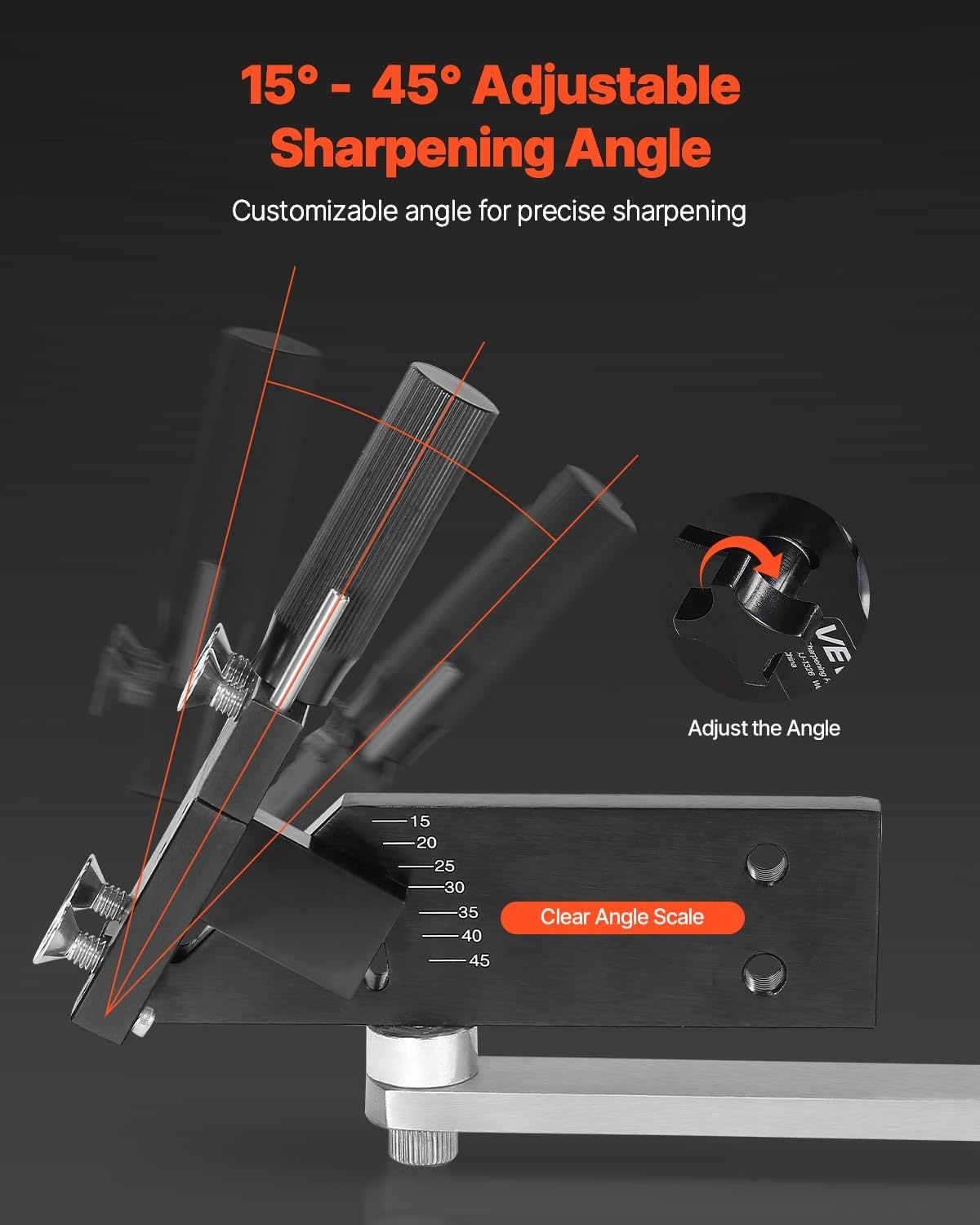 image:imageVEVOR Lawn Mower Blade Sharpener 15 45 Adjustable Lawnmower Blade Sharpening Tool with 4 Adapter Pins Ball Bearing Design amp 25mm Enlarged Handle Compatible with Most Angle GrindersWith balancer