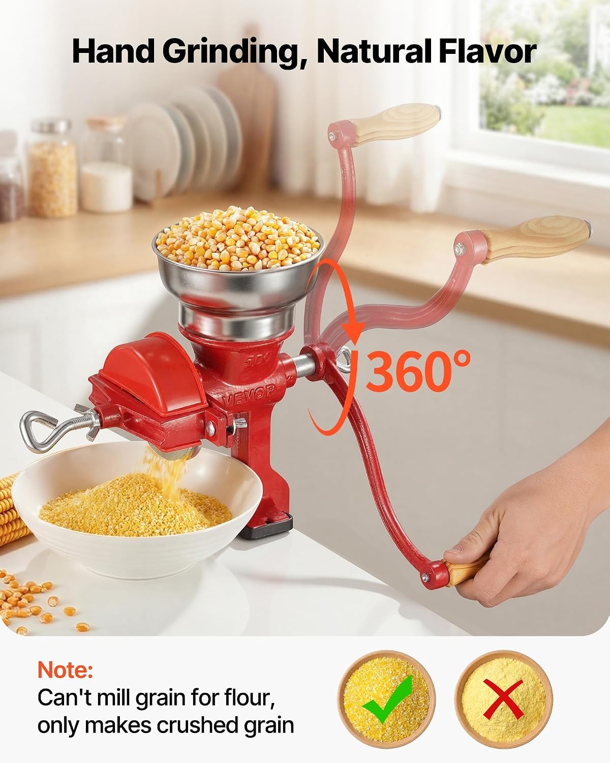 image:imageVEVOR Manual Grain Mill with Low Hopper HandCrank Corn Grinder Heavy Duty Cast Iron Wheat Grinding Mill with Stable Table Clamp amp Dust Cover for Grains Spices Coffee Beans Nuts
