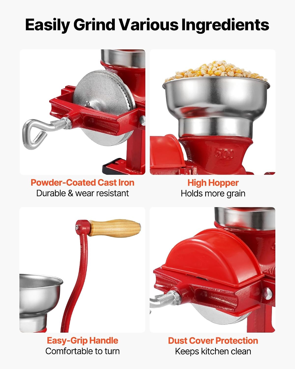 image:imageVEVOR Manual Grain Mill with Low Hopper HandCrank Corn Grinder Heavy Duty Cast Iron Wheat Grinding Mill with Stable Table Clamp amp Dust Cover for Grains Spices Coffee Beans Nuts