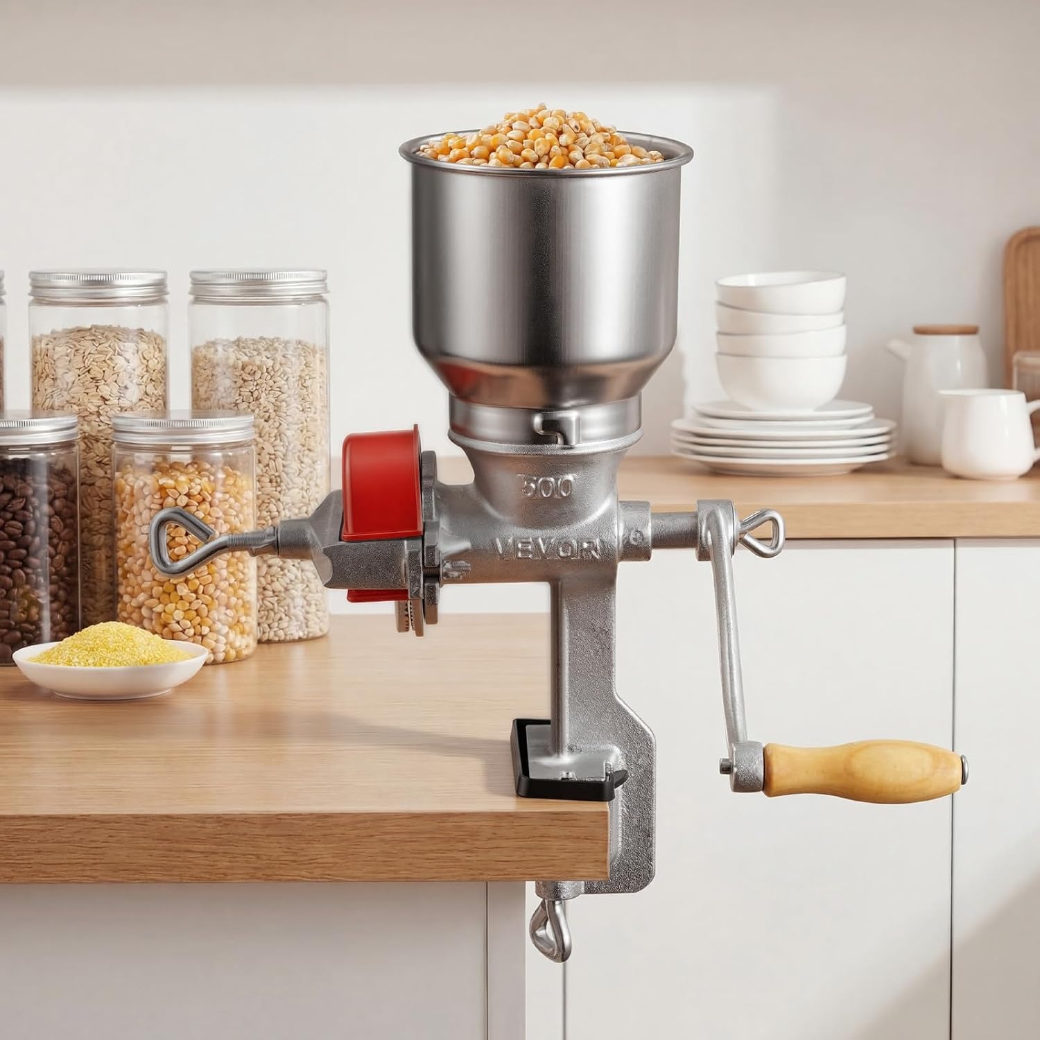 image:imageVEVOR Manual Grain Mill with Low Hopper HandCrank Corn Grinder Heavy Duty Cast Iron Wheat Grinding Mill with Stable Table Clamp amp Dust Cover for Grains Spices Coffee Beans Nuts