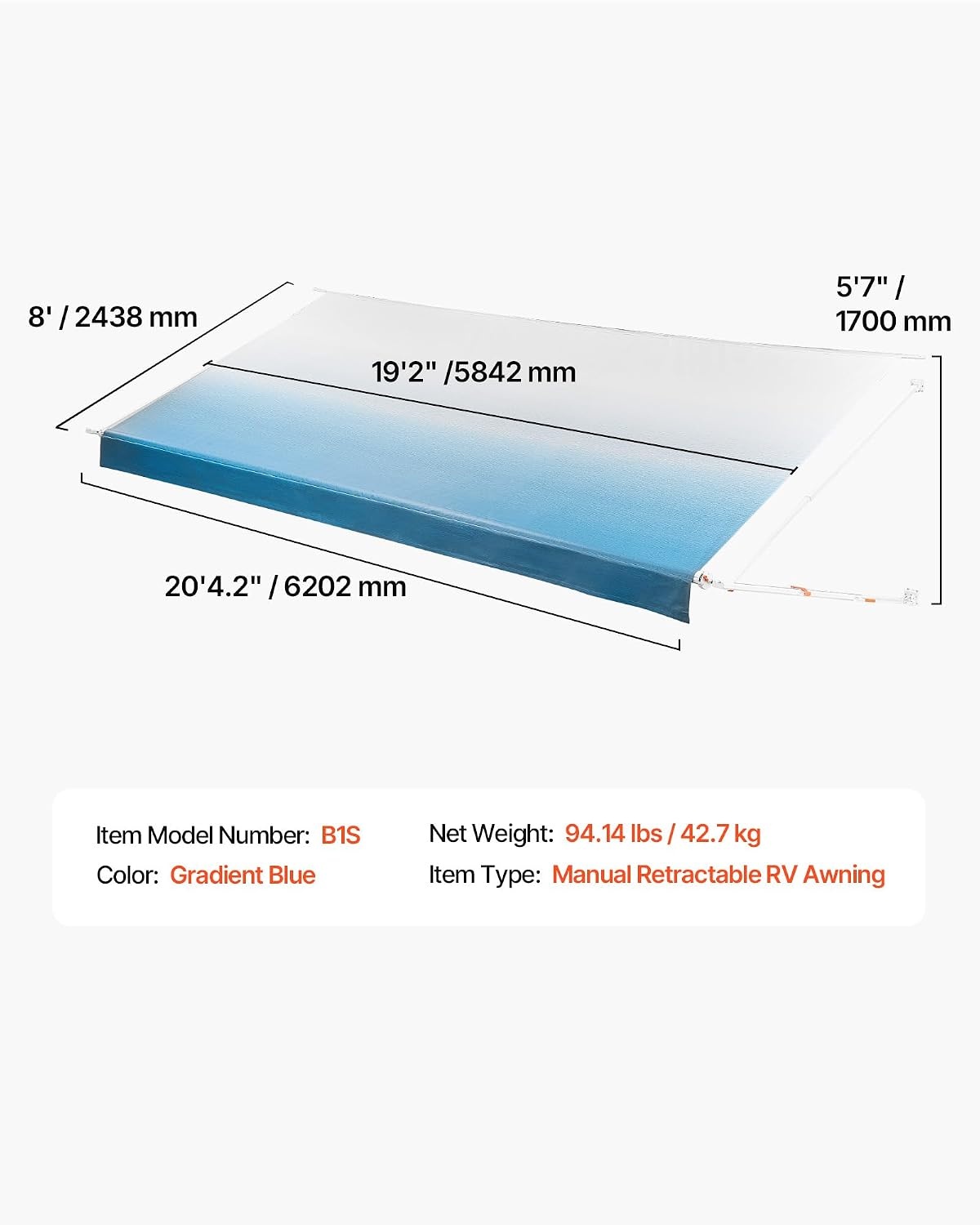 image:imageVEVOR Manual RV Awning Complete Kit 1012FT Retractable RV Awning with Aluminum Alloy Frame amp Waterproof PVC Fabric Outdoor Camping Trailer Awnings Fit Most RVs 10FT Type Gradient Gray20 FT Blue Fade