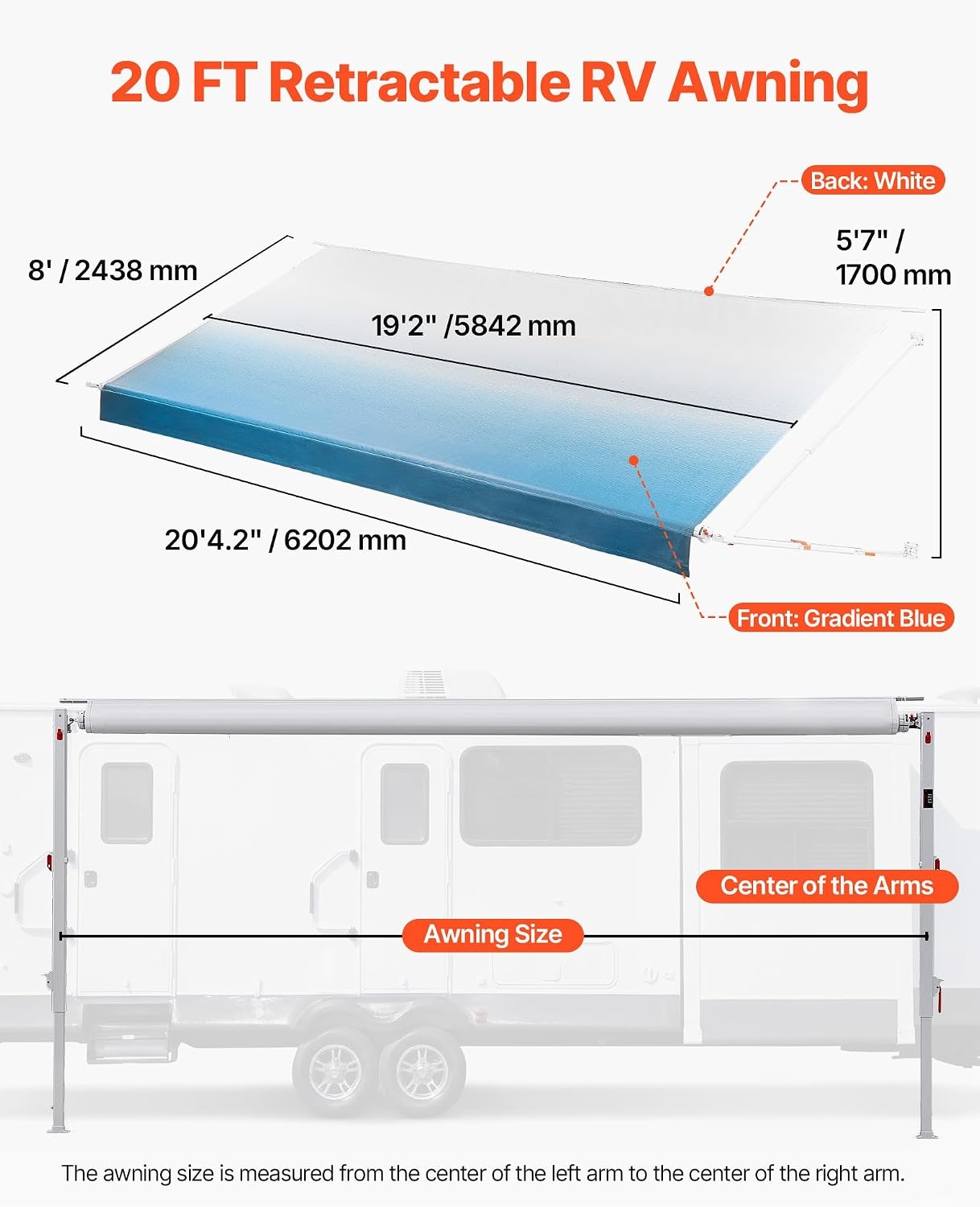 image:imageVEVOR Manual RV Awning Complete Kit 1012FT Retractable RV Awning with Aluminum Alloy Frame amp Waterproof PVC Fabric Outdoor Camping Trailer Awnings Fit Most RVs 10FT Type Gradient Gray20 FT Blue Fade