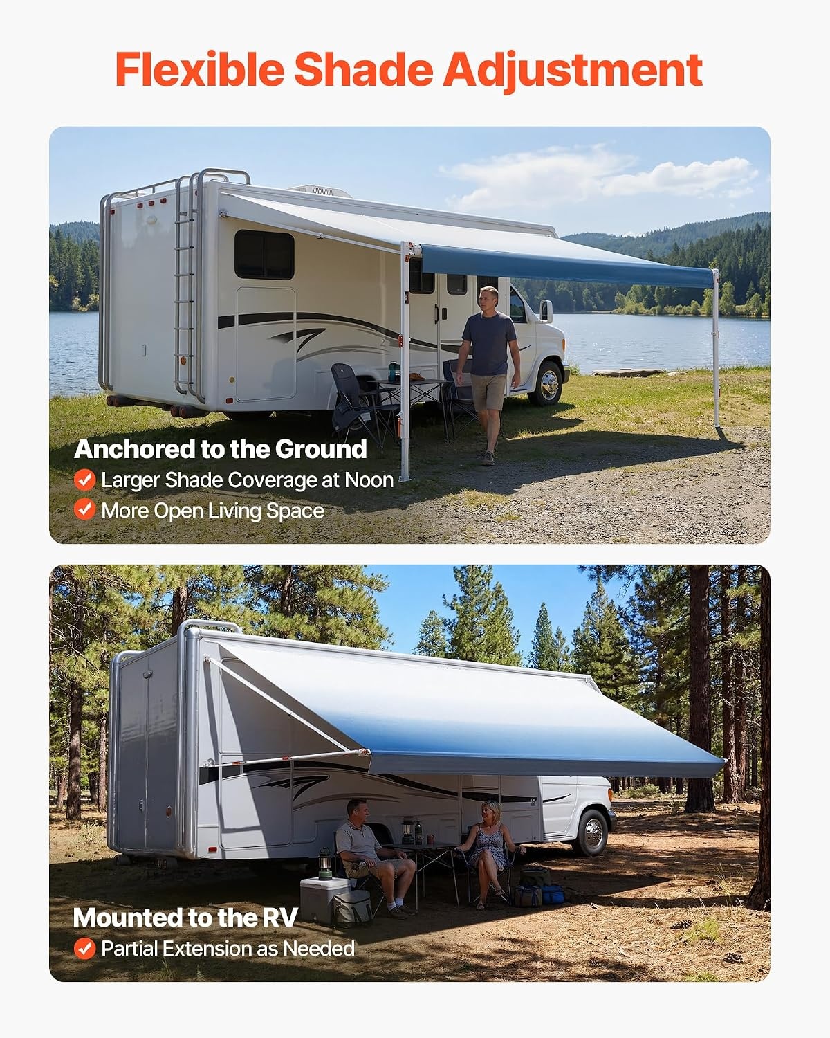 image:imageVEVOR Manual RV Awning Complete Kit 1012FT Retractable RV Awning with Aluminum Alloy Frame amp Waterproof PVC Fabric Outdoor Camping Trailer Awnings Fit Most RVs 10FT Type Gradient Gray20 FT Blue Fade