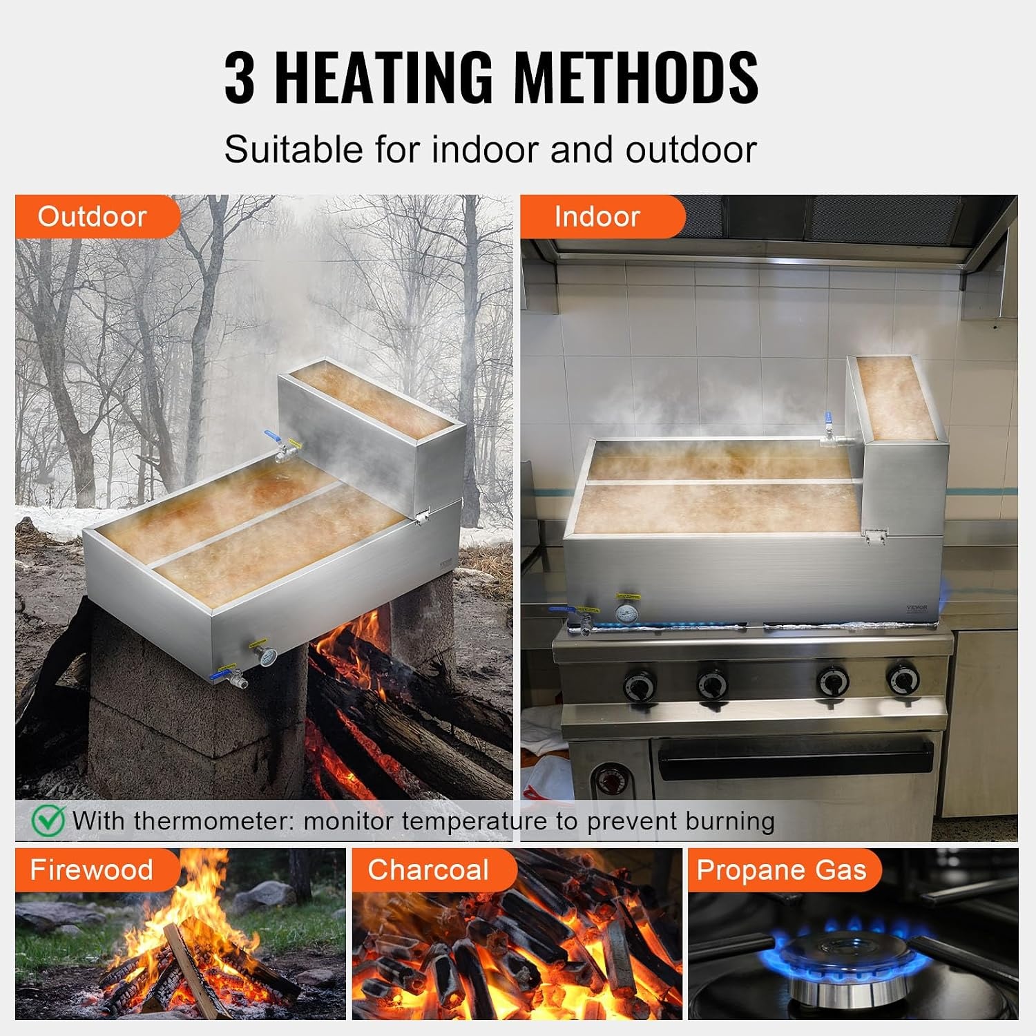 image:imageVEVOR Maple Syrup Evaporator Pan 249 Gal 24 x 24 x 10 Inch Maple Syrup 304 Stainless Steel Maple Syrup Pan Evaporator Pan with 1 Valve and 3 Heating Methods for Home Outdoor36 x 24 x 93 Inch
