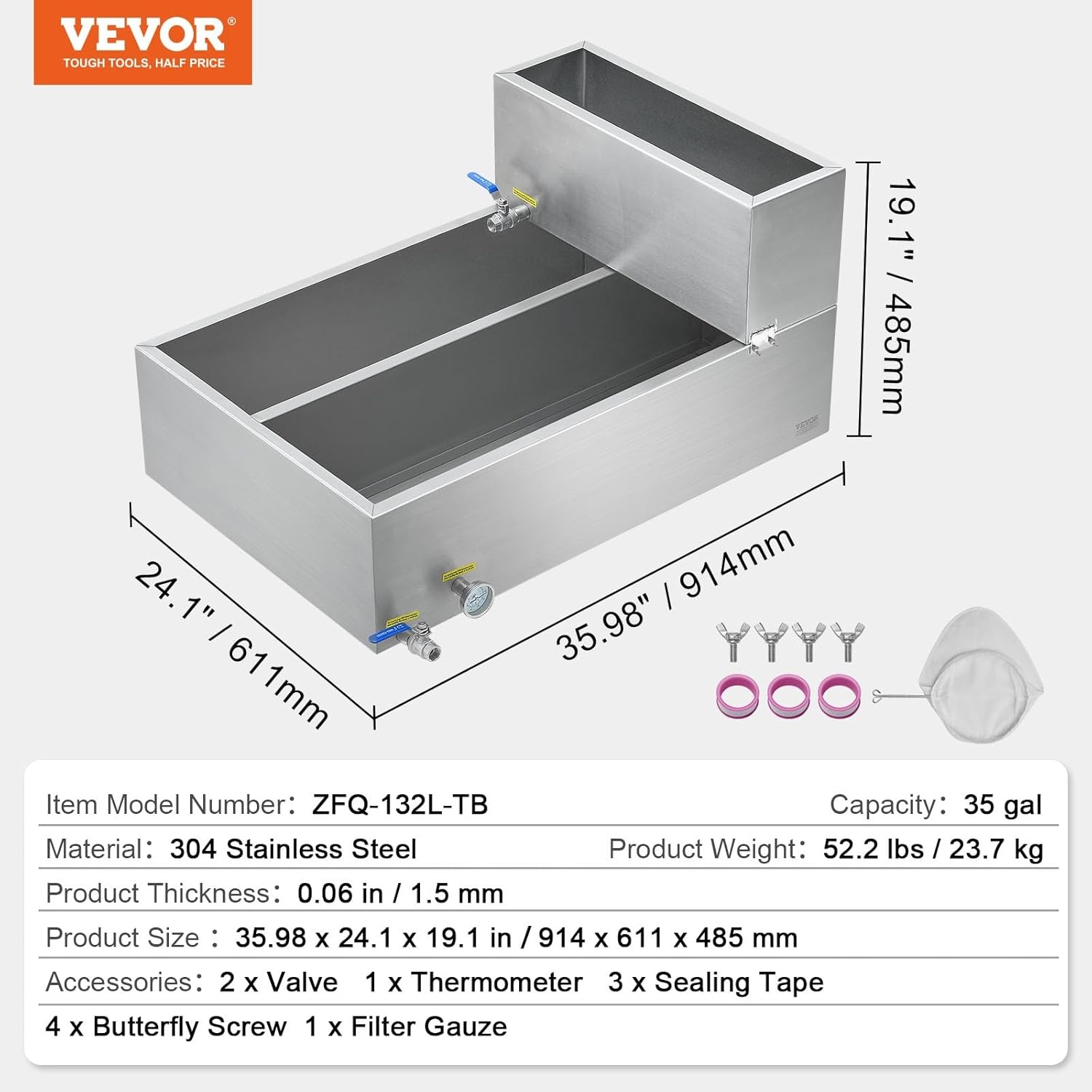 image:imageVEVOR Maple Syrup Evaporator Pan 249 Gal 24 x 24 x 10 Inch Maple Syrup 304 Stainless Steel Maple Syrup Pan Evaporator Pan with 1 Valve and 3 Heating Methods for Home Outdoor36 x 24 x 93 Inch
