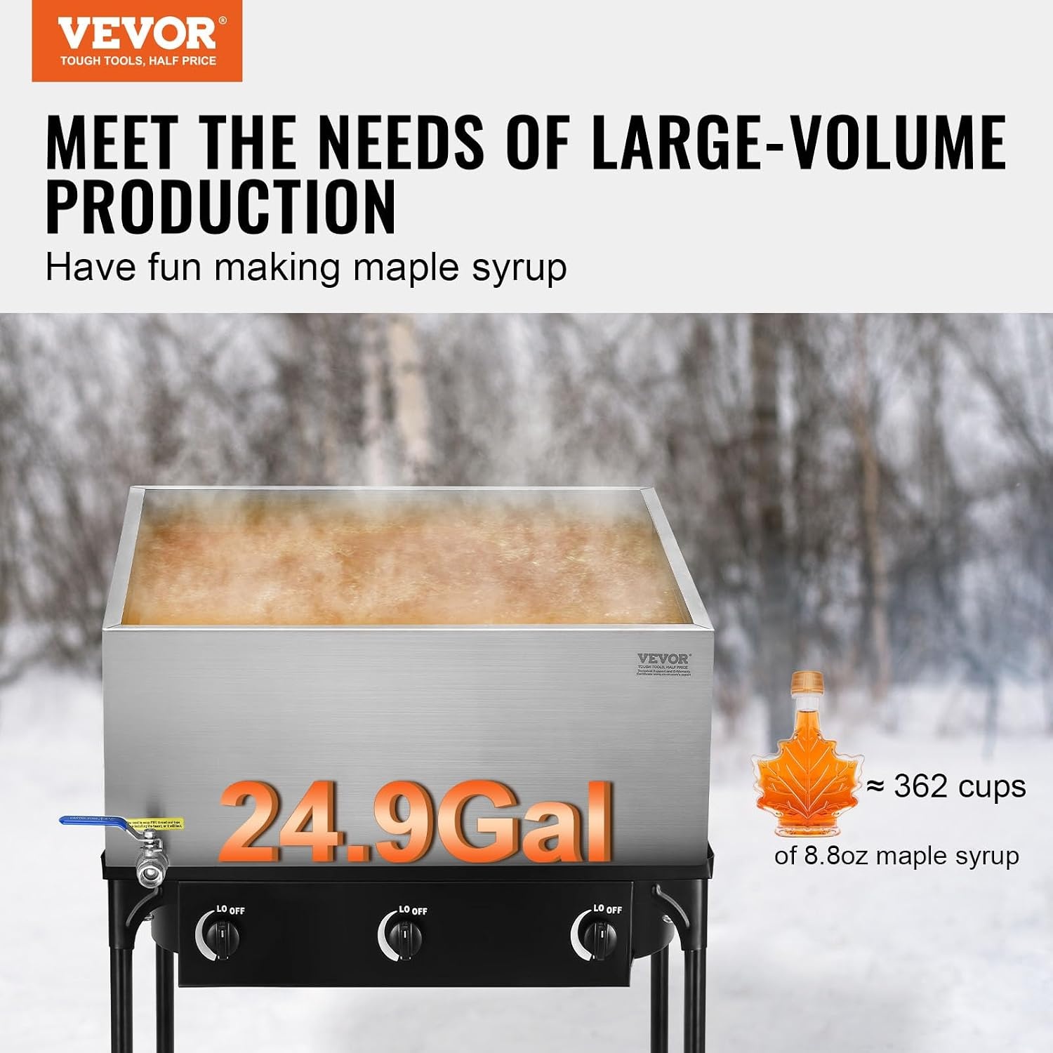 image:imageVEVOR Maple Syrup Evaporator Pan 249 Gal 24 x 24 x 10 Inch Maple Syrup 304 Stainless Steel Maple Syrup Pan Evaporator Pan with 1 Valve and 3 Heating Methods for Home Outdoor24 x 24 x 10 Inch