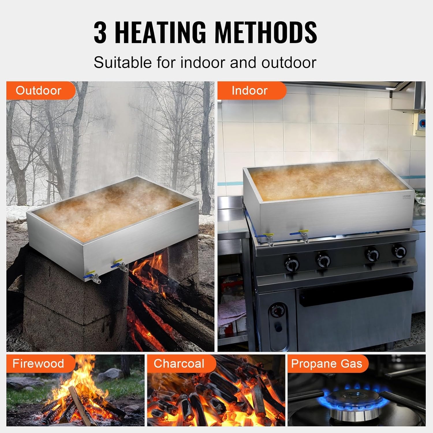 image:imageVEVOR Maple Syrup Evaporator Pan 249 Gal 24 x 24 x 10 Inch Maple Syrup 304 Stainless Steel Maple Syrup Pan Evaporator Pan with 1 Valve and 3 Heating Methods for Home Outdoor36 x 24 x 95 Inch