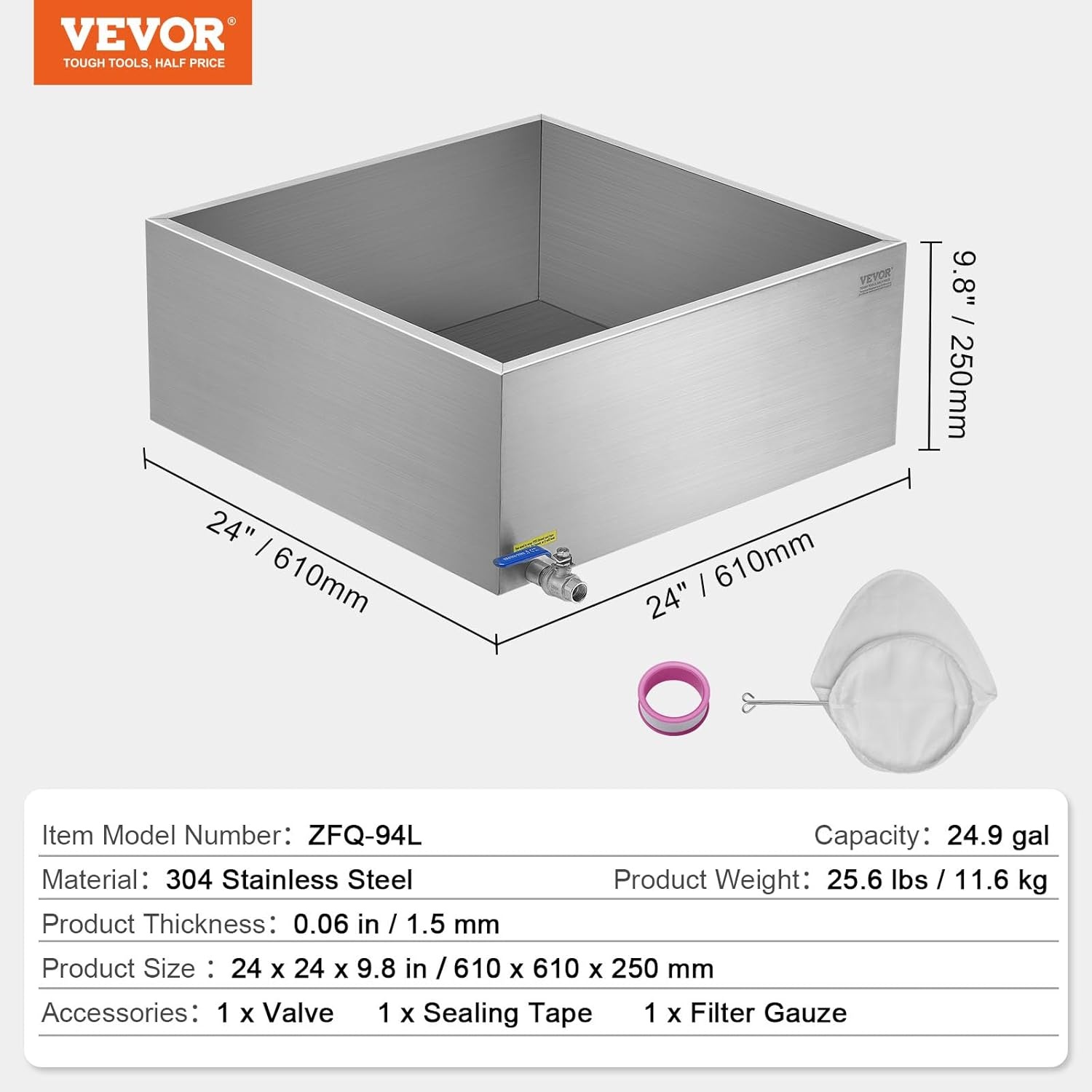 image:imageVEVOR Maple Syrup Evaporator Pan 249 Gal 24 x 24 x 10 Inch Maple Syrup 304 Stainless Steel Maple Syrup Pan Evaporator Pan with 1 Valve and 3 Heating Methods for Home Outdoor24 x 24 x 10 Inch