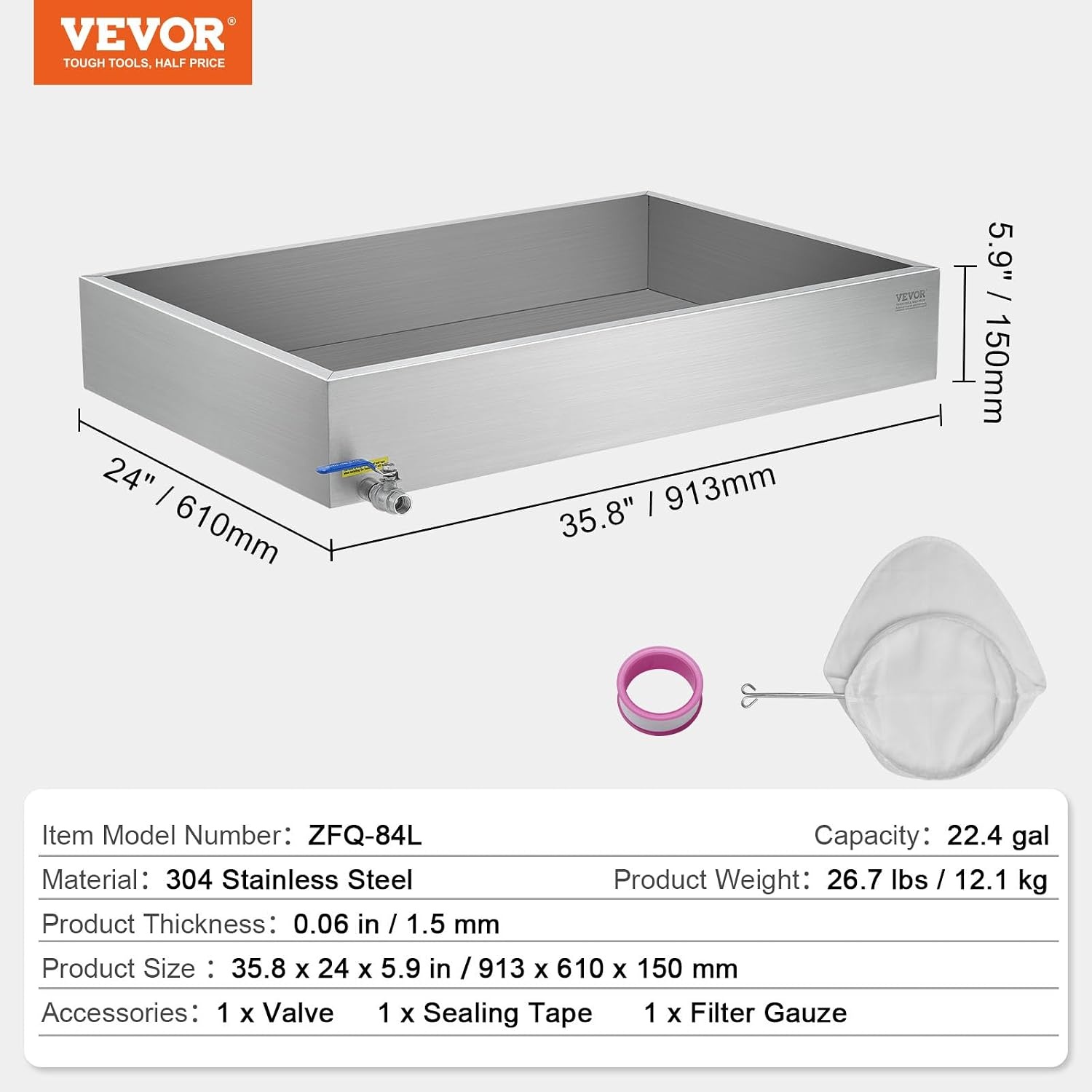image:imageVEVOR Maple Syrup Evaporator Pan 249 Gal 24 x 24 x 10 Inch Maple Syrup 304 Stainless Steel Maple Syrup Pan Evaporator Pan with 1 Valve and 3 Heating Methods for Home Outdoor30 x 24 x 6 Inch