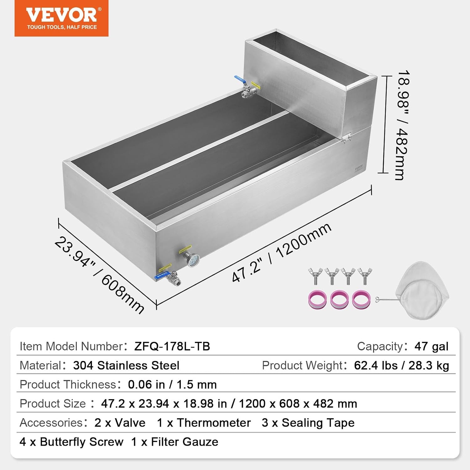 image:imageVEVOR Maple Syrup Evaporator Pan 249 Gal 24 x 24 x 10 Inch Maple Syrup 304 Stainless Steel Maple Syrup Pan Evaporator Pan with 1 Valve and 3 Heating Methods for Home Outdoor47 x 24 x 96 Inch