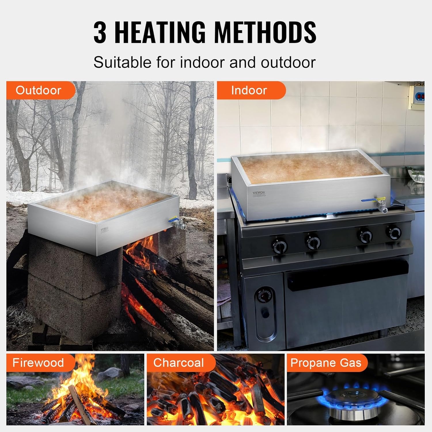 image:imageVEVOR Maple Syrup Evaporator Pan 249 Gal 24 x 24 x 10 Inch Maple Syrup 304 Stainless Steel Maple Syrup Pan Evaporator Pan with 1 Valve and 3 Heating Methods for Home Outdoor24 x 18 x 6 Inch