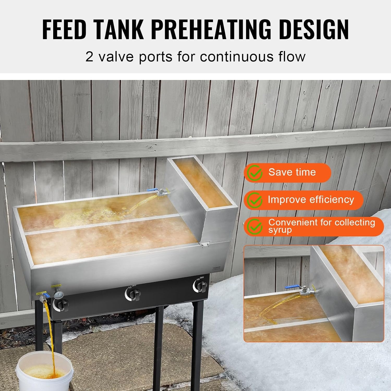 image:imageVEVOR Maple Syrup Evaporator Pan 249 Gal 24 x 24 x 10 Inch Maple Syrup 304 Stainless Steel Maple Syrup Pan Evaporator Pan with 1 Valve and 3 Heating Methods for Home Outdoor47 x 24 x 96 Inch