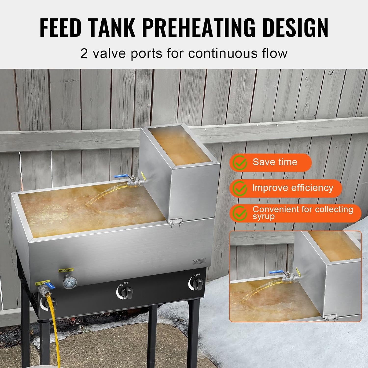 image:imageVEVOR Maple Syrup Evaporator Pan 249 Gal 24 x 24 x 10 Inch Maple Syrup 304 Stainless Steel Maple Syrup Pan Evaporator Pan with 1 Valve and 3 Heating Methods for Home Outdoor30 x 16 x 95 Inch
