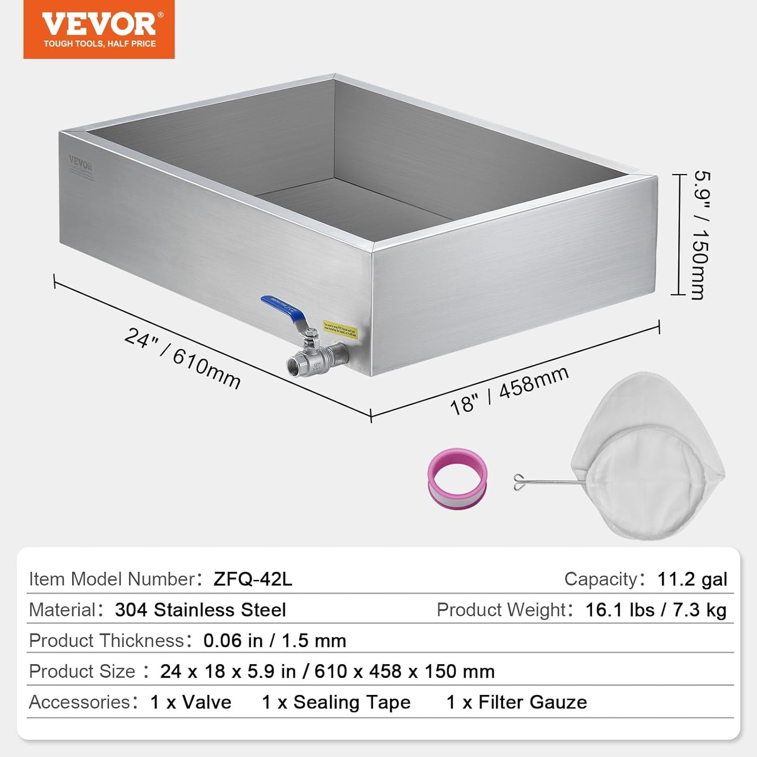 image:imageVEVOR Maple Syrup Evaporator Pan 249 Gal 24 x 24 x 10 Inch Maple Syrup 304 Stainless Steel Maple Syrup Pan Evaporator Pan with 1 Valve and 3 Heating Methods for Home Outdoor24 x 18 x 6 Inch