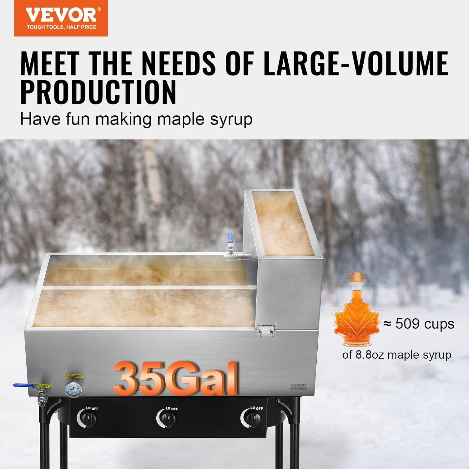 image:imageVEVOR Maple Syrup Evaporator Pan 249 Gal 24 x 24 x 10 Inch Maple Syrup 304 Stainless Steel Maple Syrup Pan Evaporator Pan with 1 Valve and 3 Heating Methods for Home Outdoor36 x 24 x 93 Inch