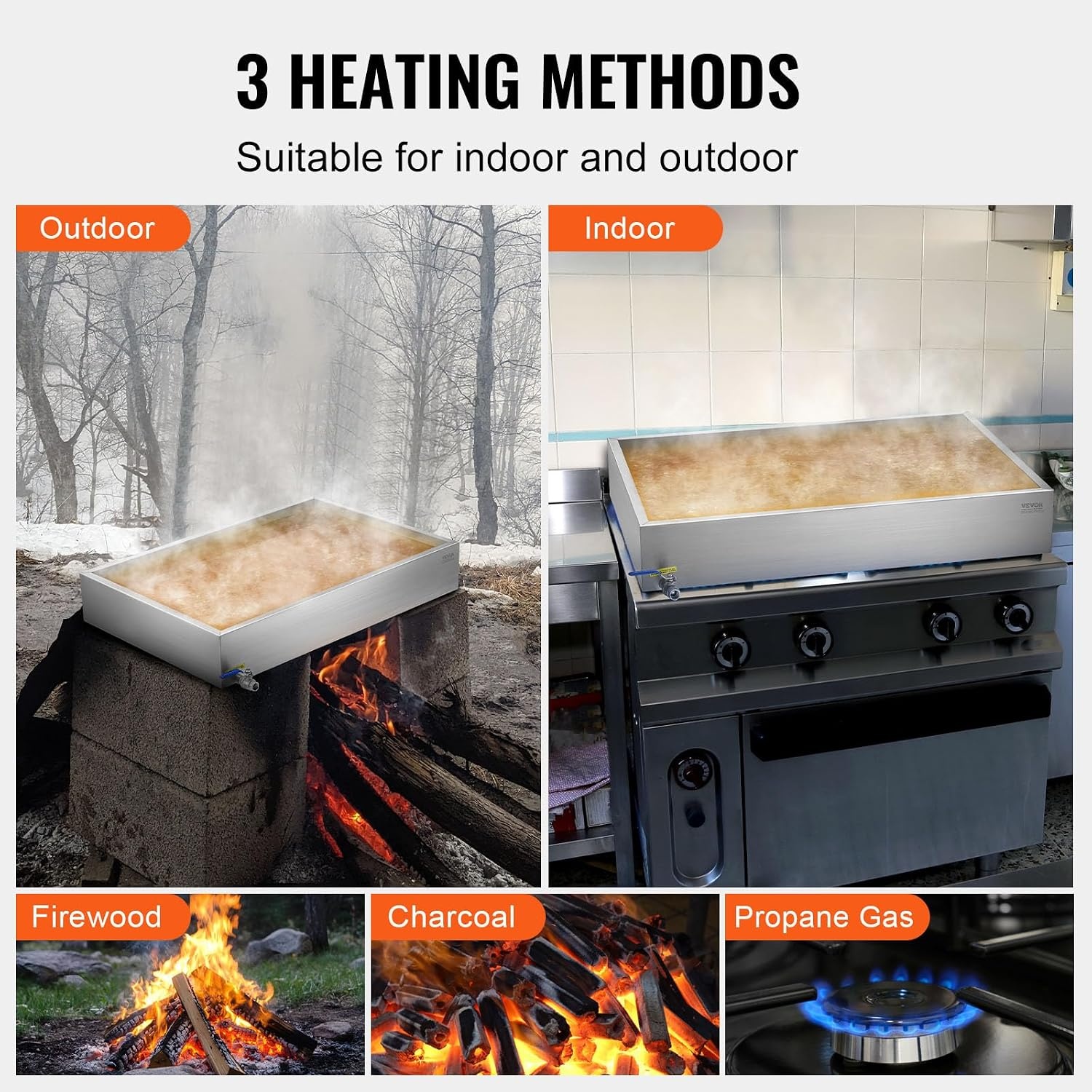 image:imageVEVOR Maple Syrup Evaporator Pan 249 Gal 24 x 24 x 10 Inch Maple Syrup 304 Stainless Steel Maple Syrup Pan Evaporator Pan with 1 Valve and 3 Heating Methods for Home Outdoor30 x 24 x 6 Inch