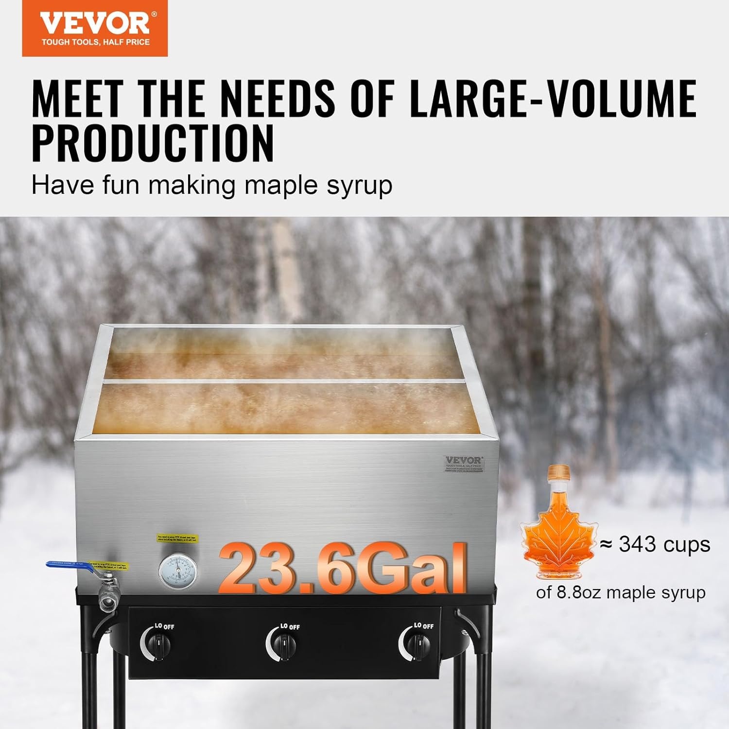 image:imageVEVOR Maple Syrup Evaporator Pan 249 Gal 24 x 24 x 10 Inch Maple Syrup 304 Stainless Steel Maple Syrup Pan Evaporator Pan with 1 Valve and 3 Heating Methods for Home Outdoor24 x 24 x 95 Inch