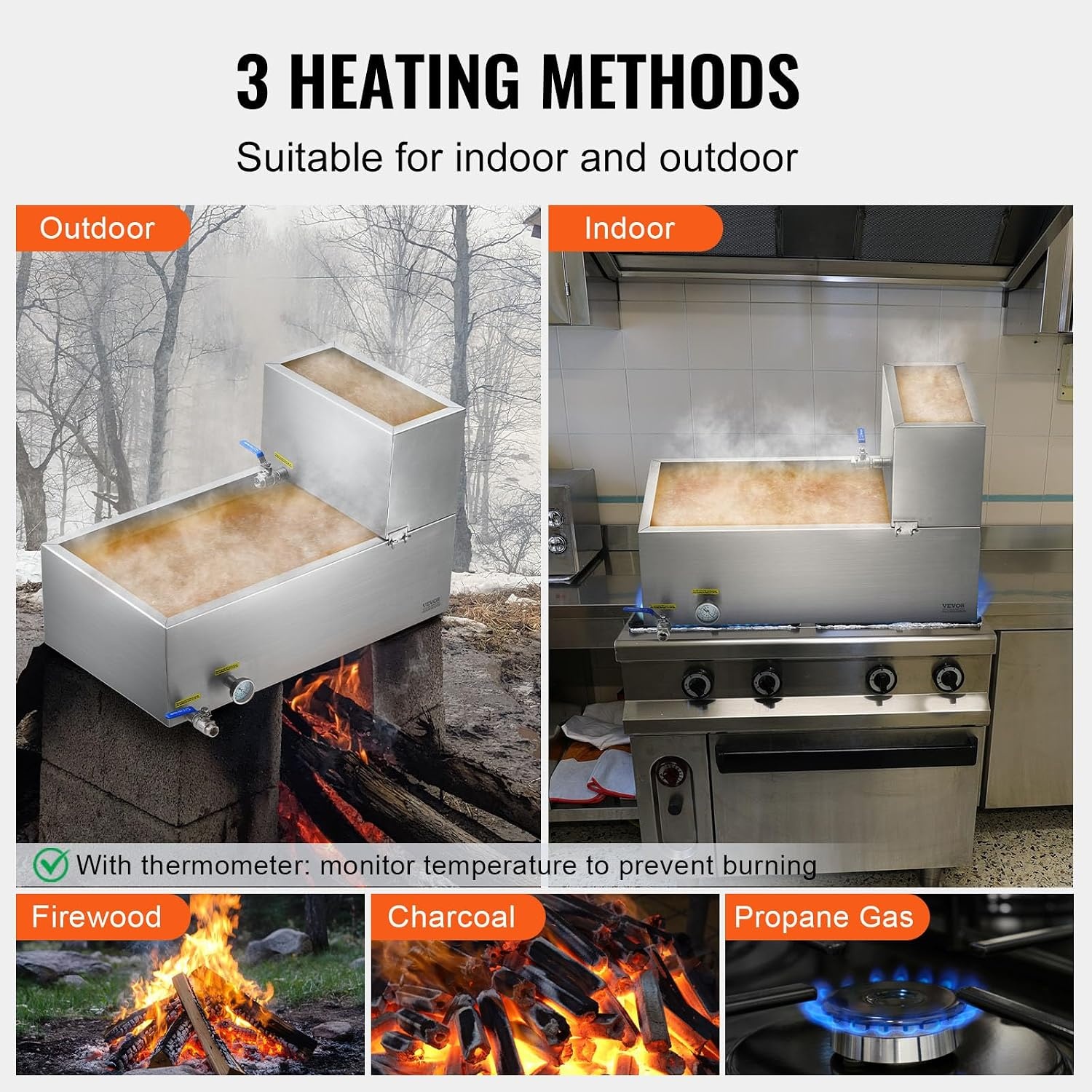 image:imageVEVOR Maple Syrup Evaporator Pan 249 Gal 24 x 24 x 10 Inch Maple Syrup 304 Stainless Steel Maple Syrup Pan Evaporator Pan with 1 Valve and 3 Heating Methods for Home Outdoor30 x 16 x 95 Inch