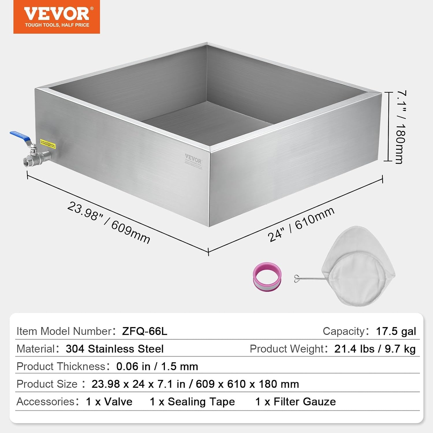 image:imageVEVOR Maple Syrup Evaporator Pan 249 Gal 24 x 24 x 10 Inch Maple Syrup 304 Stainless Steel Maple Syrup Pan Evaporator Pan with 1 Valve and 3 Heating Methods for Home Outdoor24 x 24 x 7 Inch