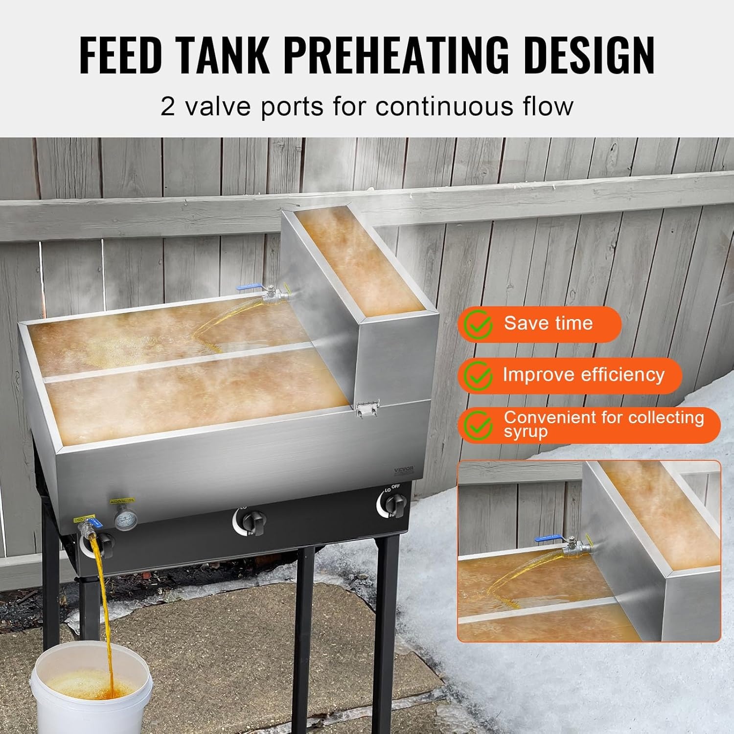 image:imageVEVOR Maple Syrup Evaporator Pan 249 Gal 24 x 24 x 10 Inch Maple Syrup 304 Stainless Steel Maple Syrup Pan Evaporator Pan with 1 Valve and 3 Heating Methods for Home Outdoor36 x 24 x 93 Inch