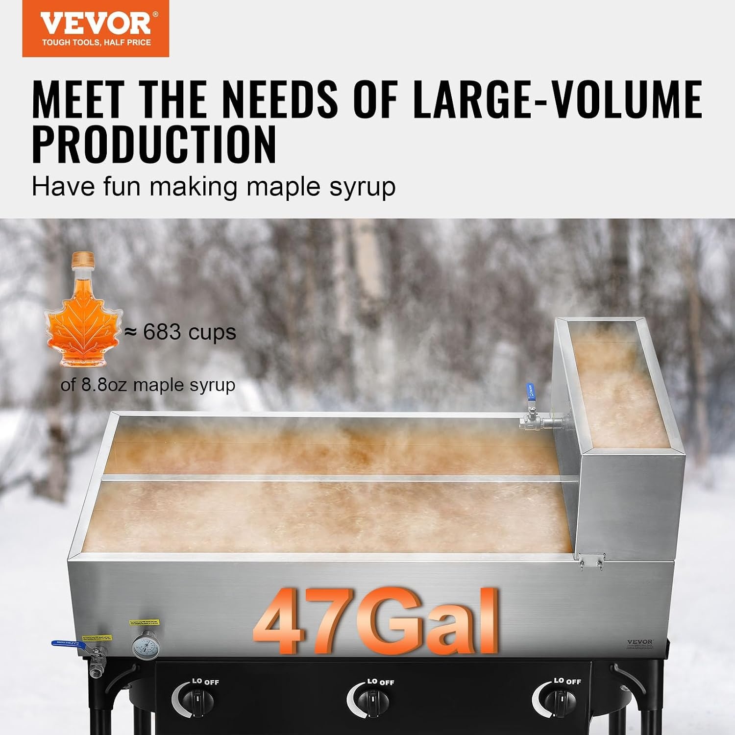 image:imageVEVOR Maple Syrup Evaporator Pan 249 Gal 24 x 24 x 10 Inch Maple Syrup 304 Stainless Steel Maple Syrup Pan Evaporator Pan with 1 Valve and 3 Heating Methods for Home Outdoor47 x 24 x 96 Inch